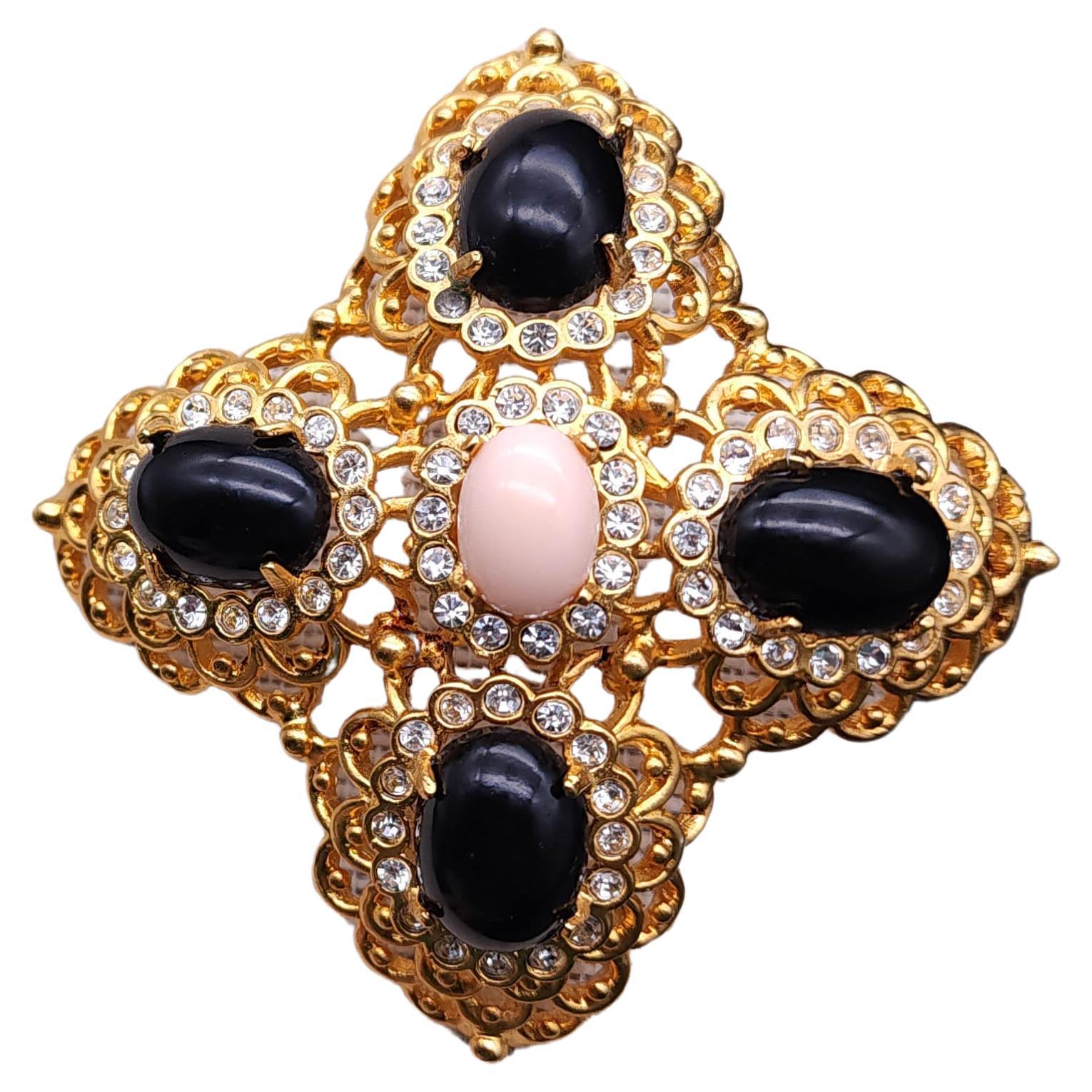 Kenneth Jay Lane Cabochon Cross Pin Brooch, Black & Pink, Gold Finish, Crystals