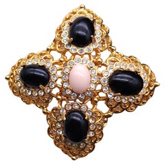 Kenneth Jay Lane Cabochon Cross Pin Brooch, Black & Pink, Gold Finish, Crystals