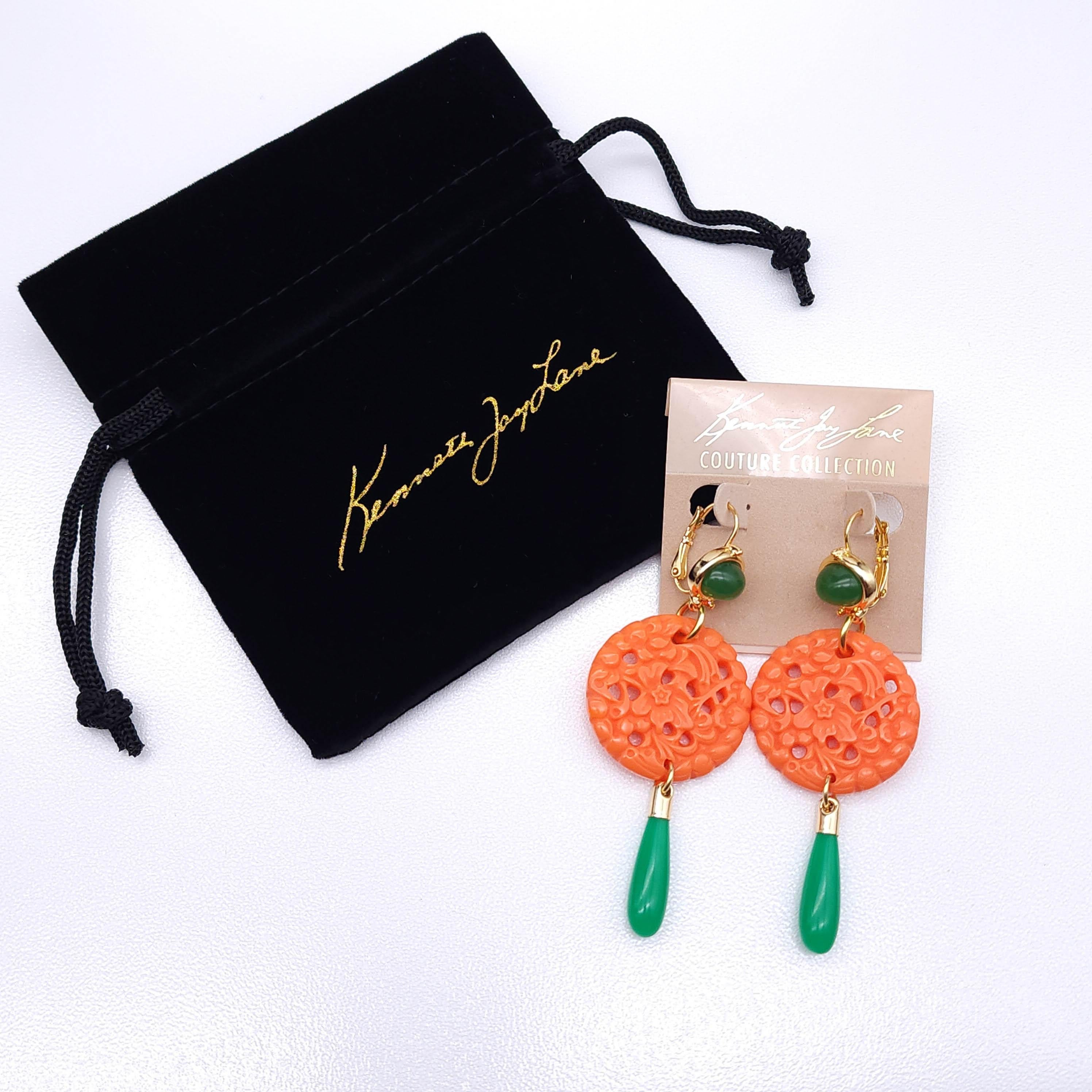 Retro Kenneth Jay Lane Coral Jade Drop Wire Earrings in Gold, Orange & Green, Couture For Sale