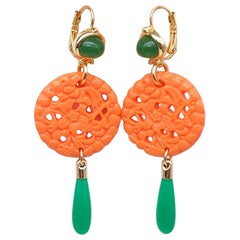 Kenneth Jay Lane Coral Jade Drop Wire Earrings in Gold, Orange & Green, Couture