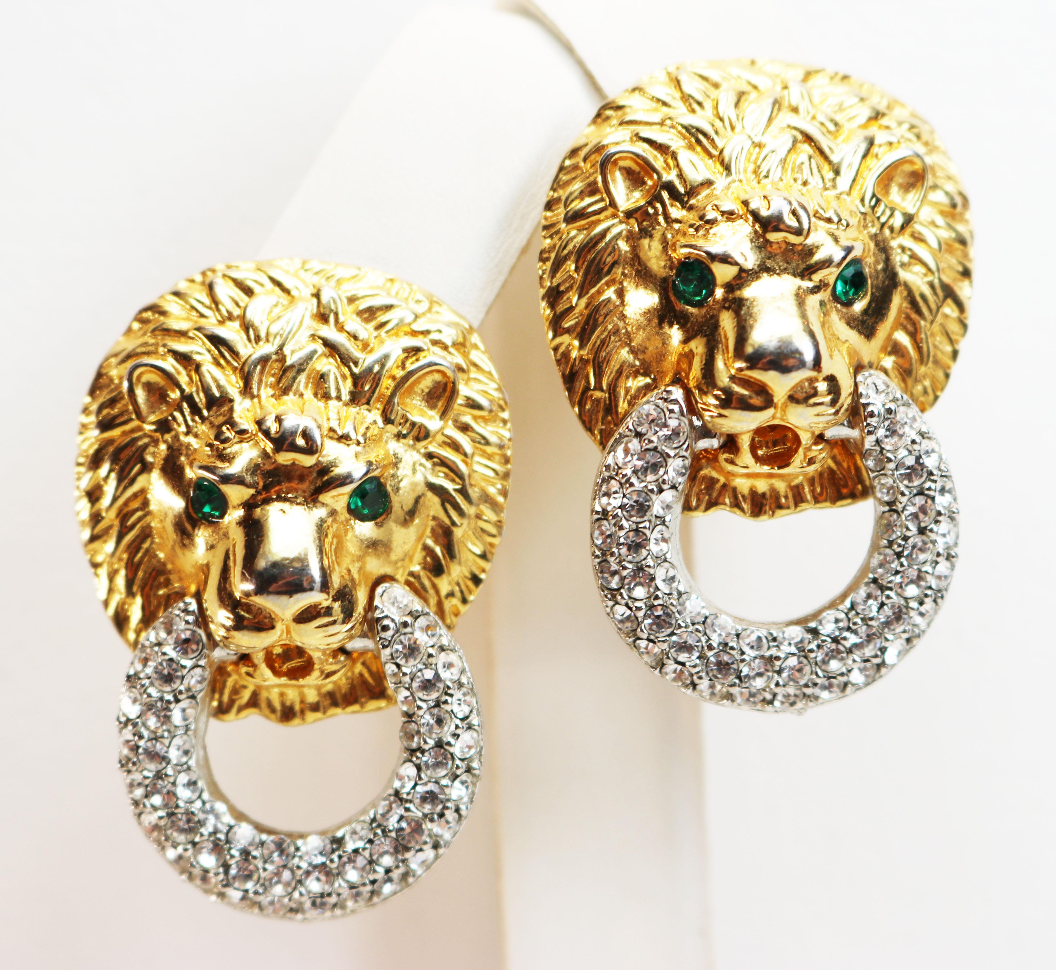 Kenneth Jay Lane Crystal Encrusted Lions Head Earrings For Sale 4