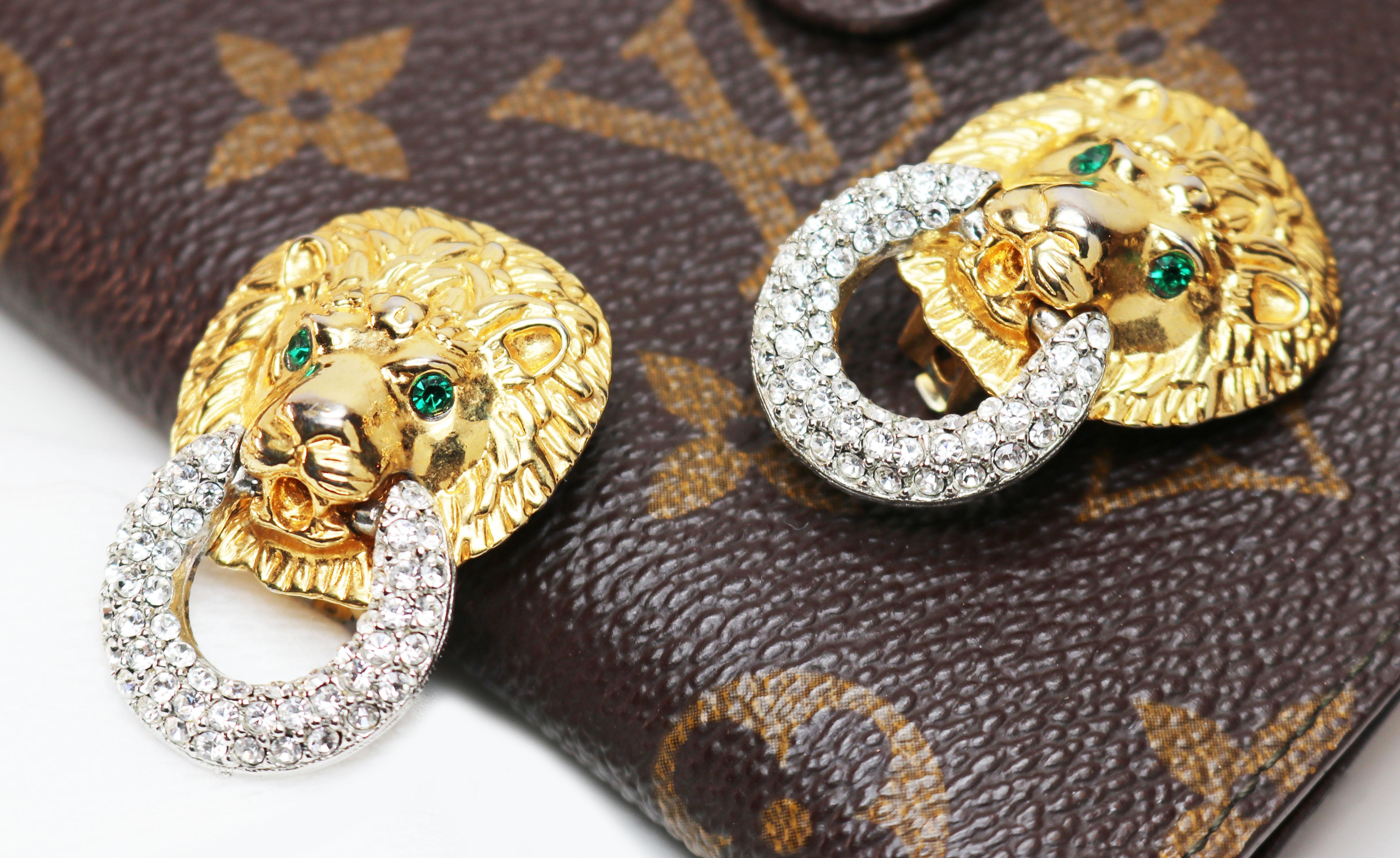 Kenneth Jay Lane Crystal Encrusted Lions Head Earrings For Sale 5