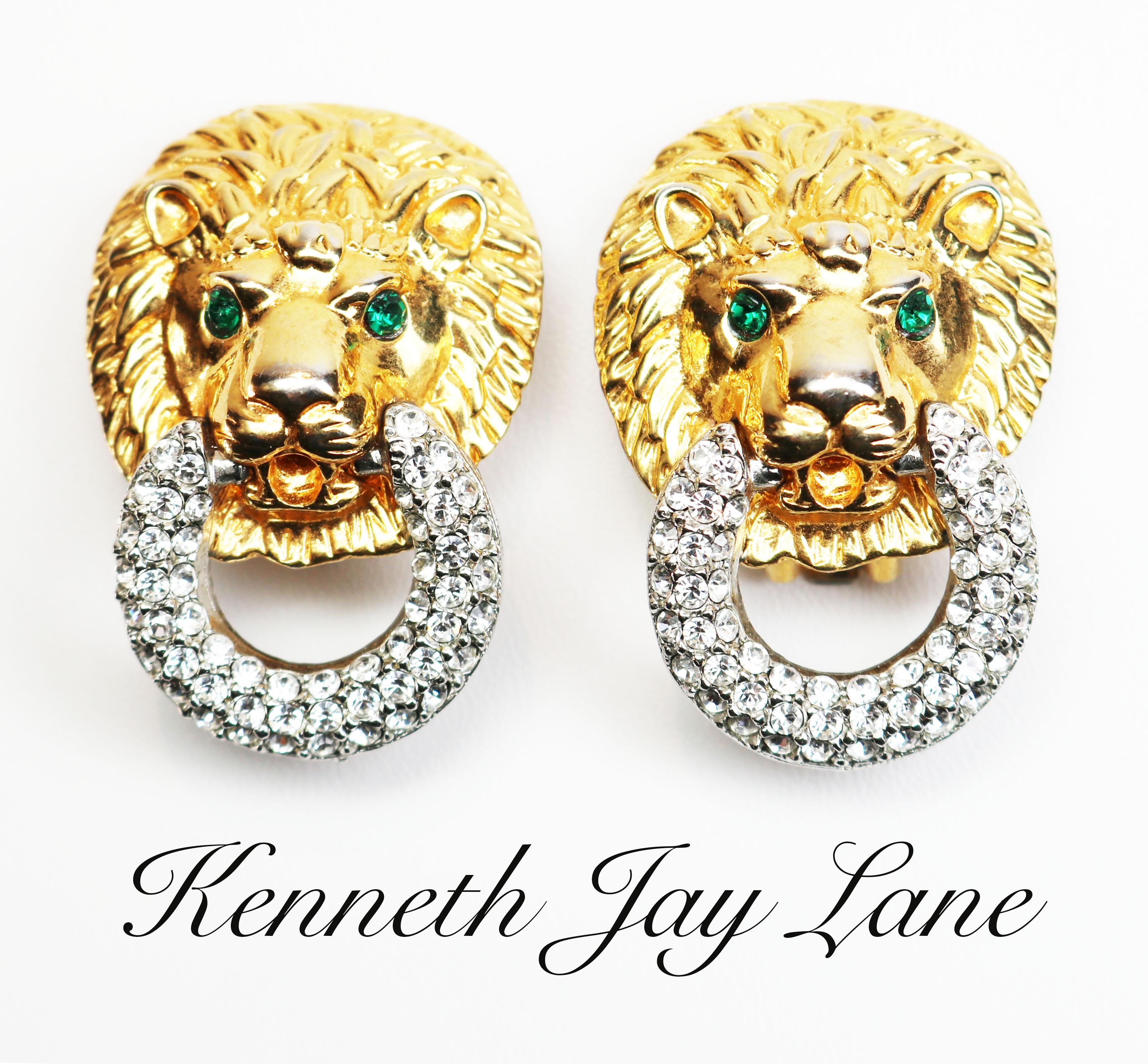 Art Nouveau Kenneth Jay Lane Crystal Encrusted Lions Head Earrings For Sale