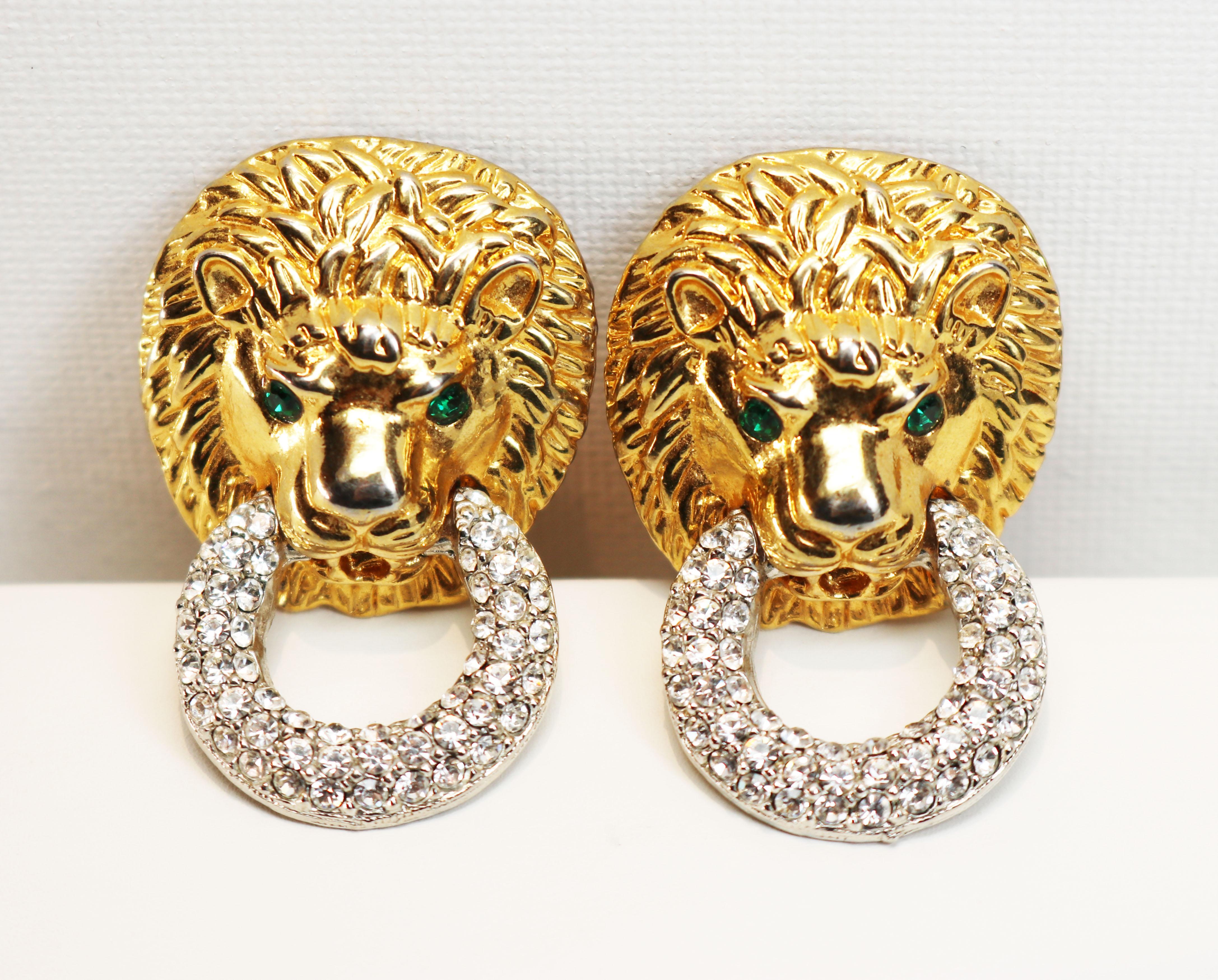 Kenneth Jay Lane Crystal Encrusted Lions Head Earrings In Good Condition For Sale In Mastic Beach, NY