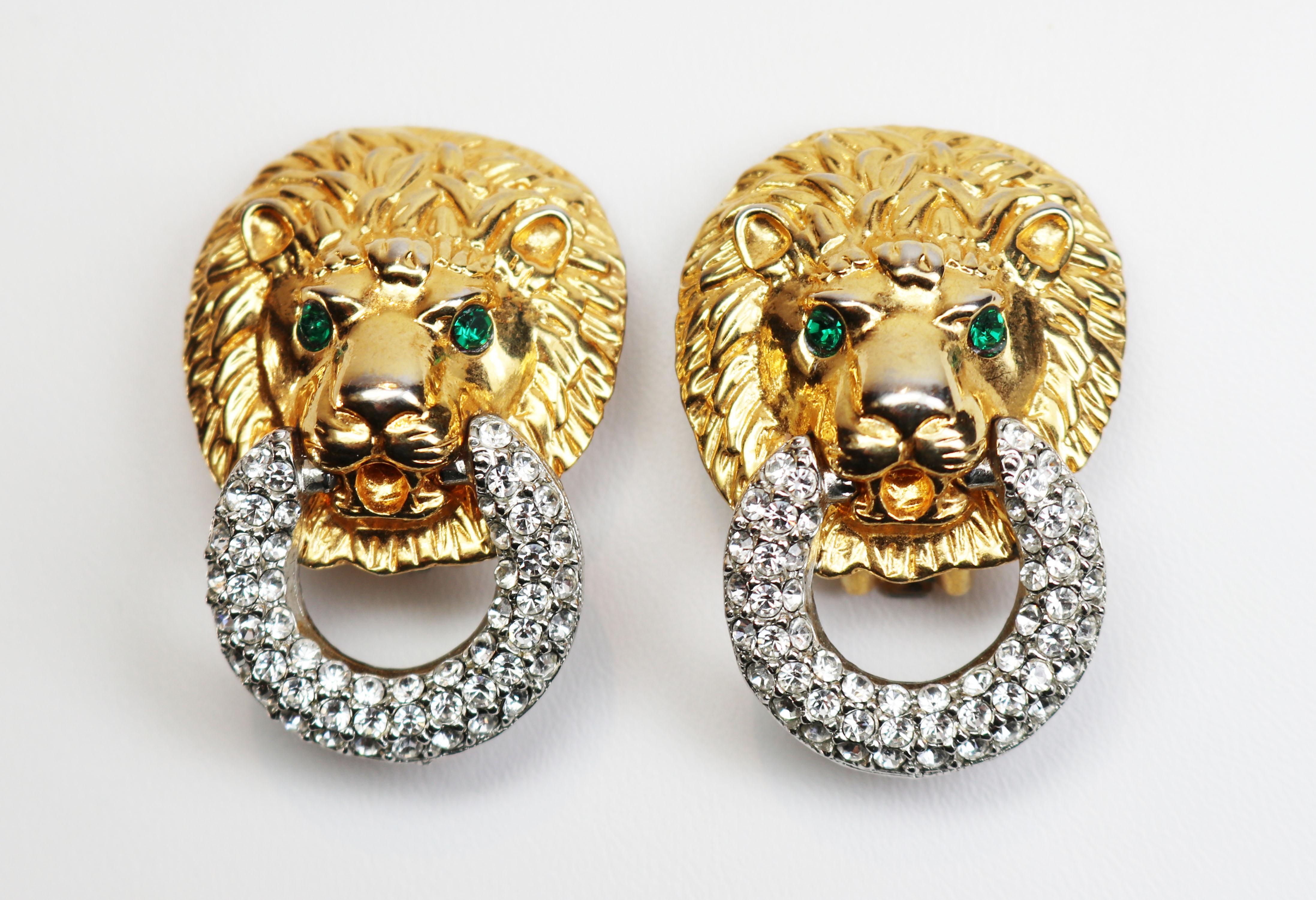 Kenneth Jay Lane Crystal Encrusted Lions Head Earrings For Sale 1