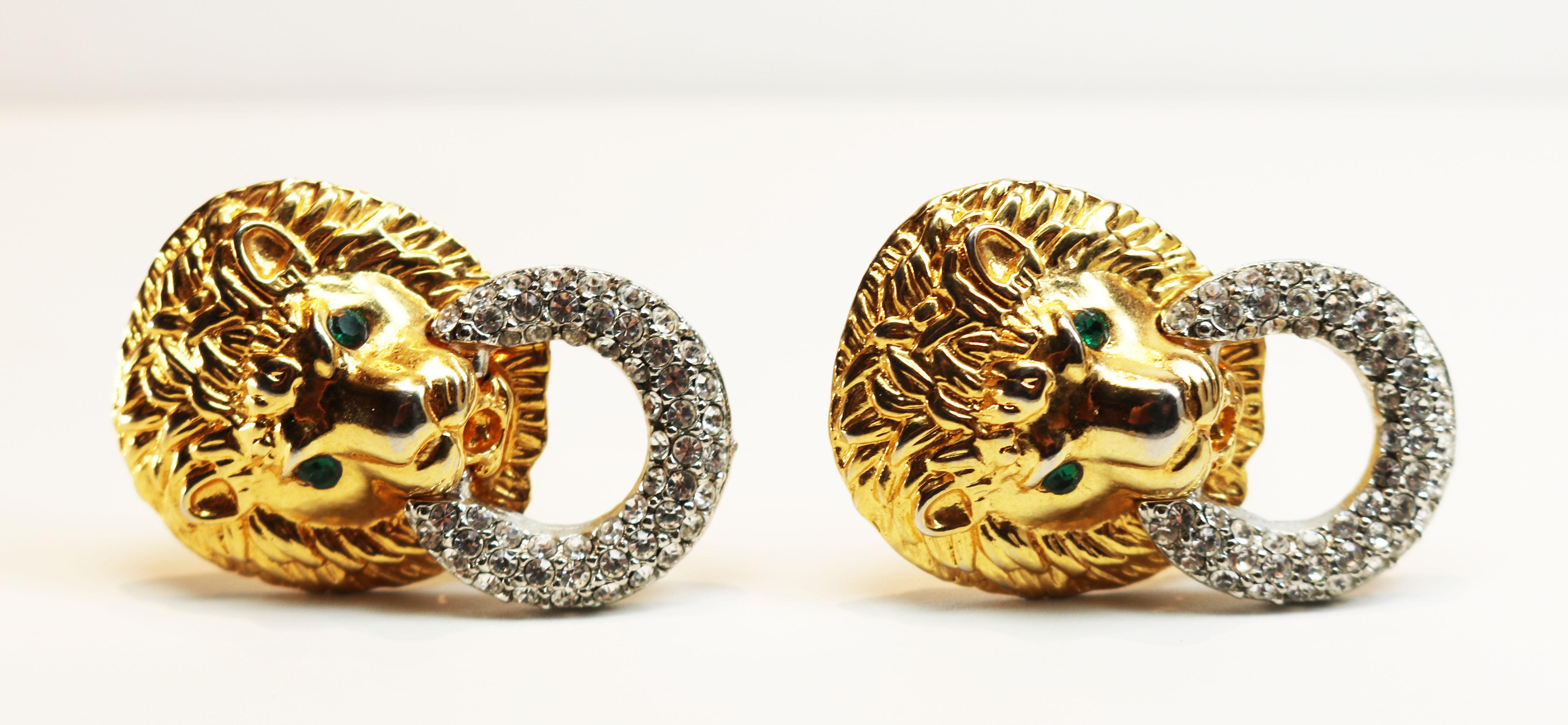 Kenneth Jay Lane Crystal Encrusted Lions Head Earrings For Sale 3