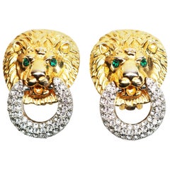Kenneth Jay Lane Crystal Encrusted Lions Head Earrings
