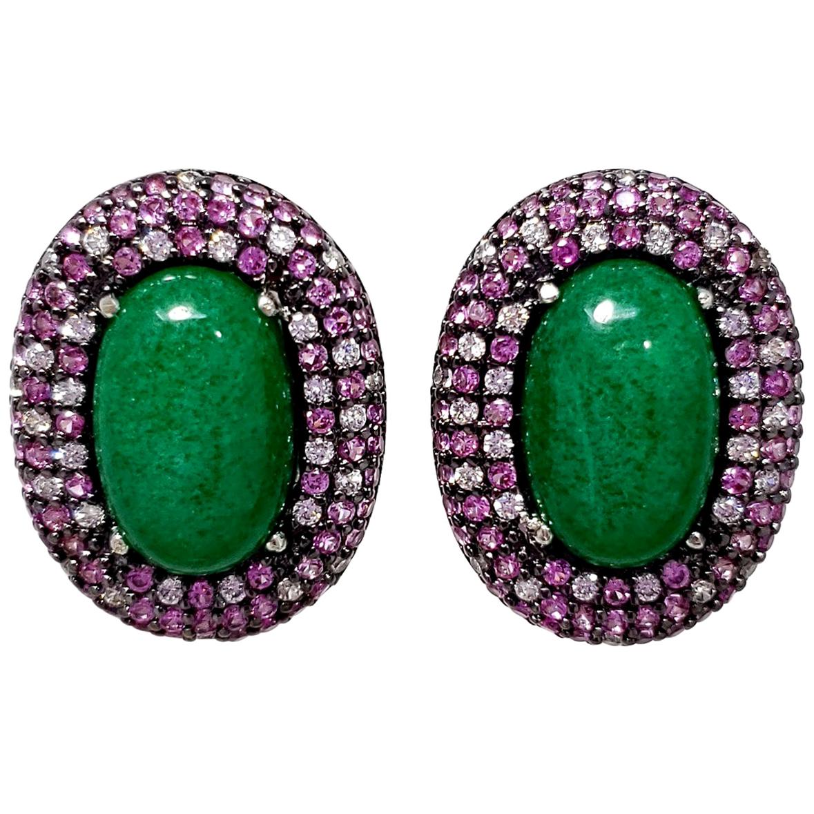 Kenneth Jay Lane CZ KJL Green Cabochon and Rose Cubic Zirconia Clip on Earrings