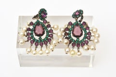 Vintage Kenneth Jay Lane Green, Purple Pearl Dangle Chandelier Clip On Earrings