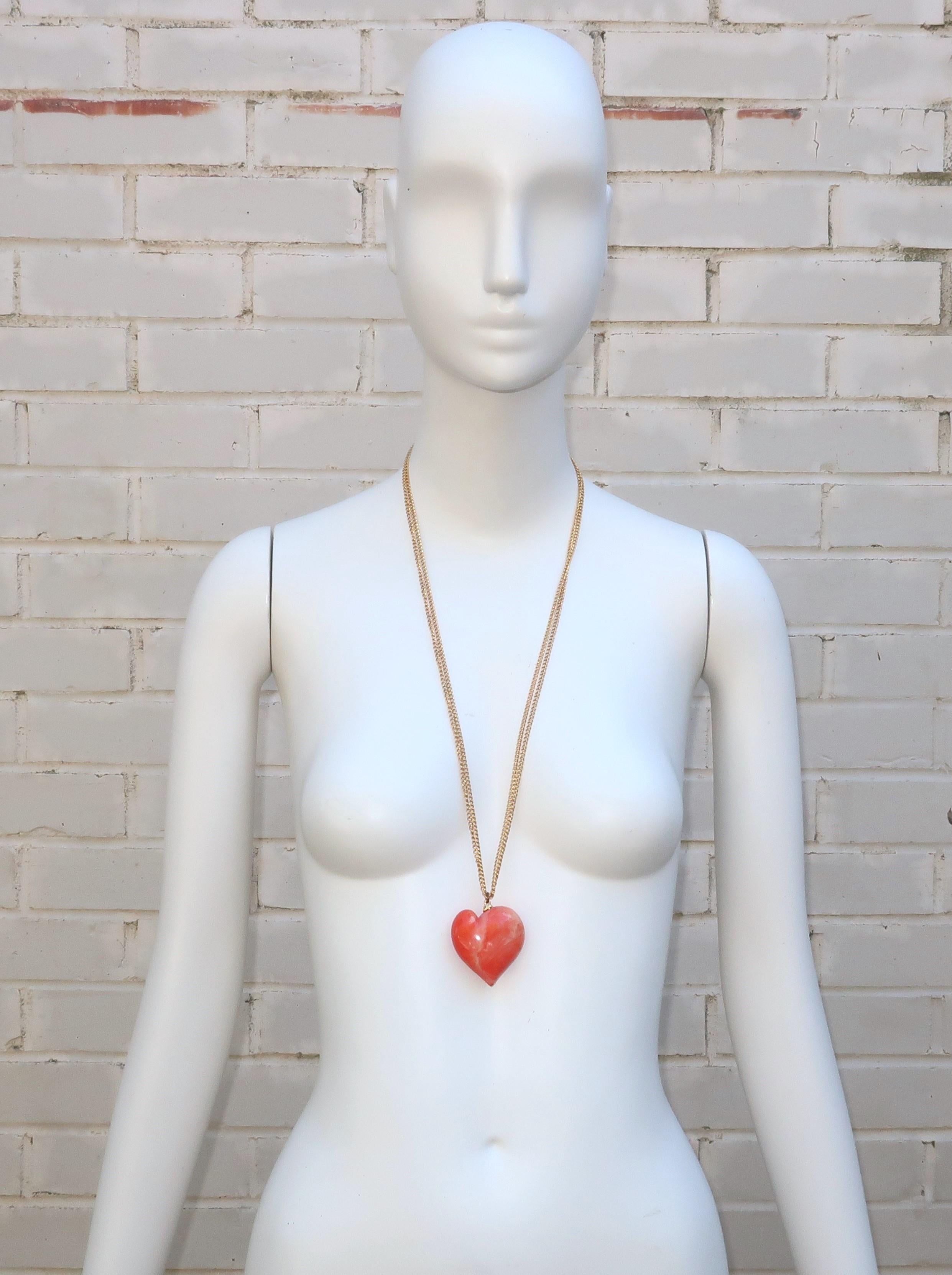 Modern Kenneth Jay Lane Faux Coral Lucite Heart Necklace, 1980's For Sale