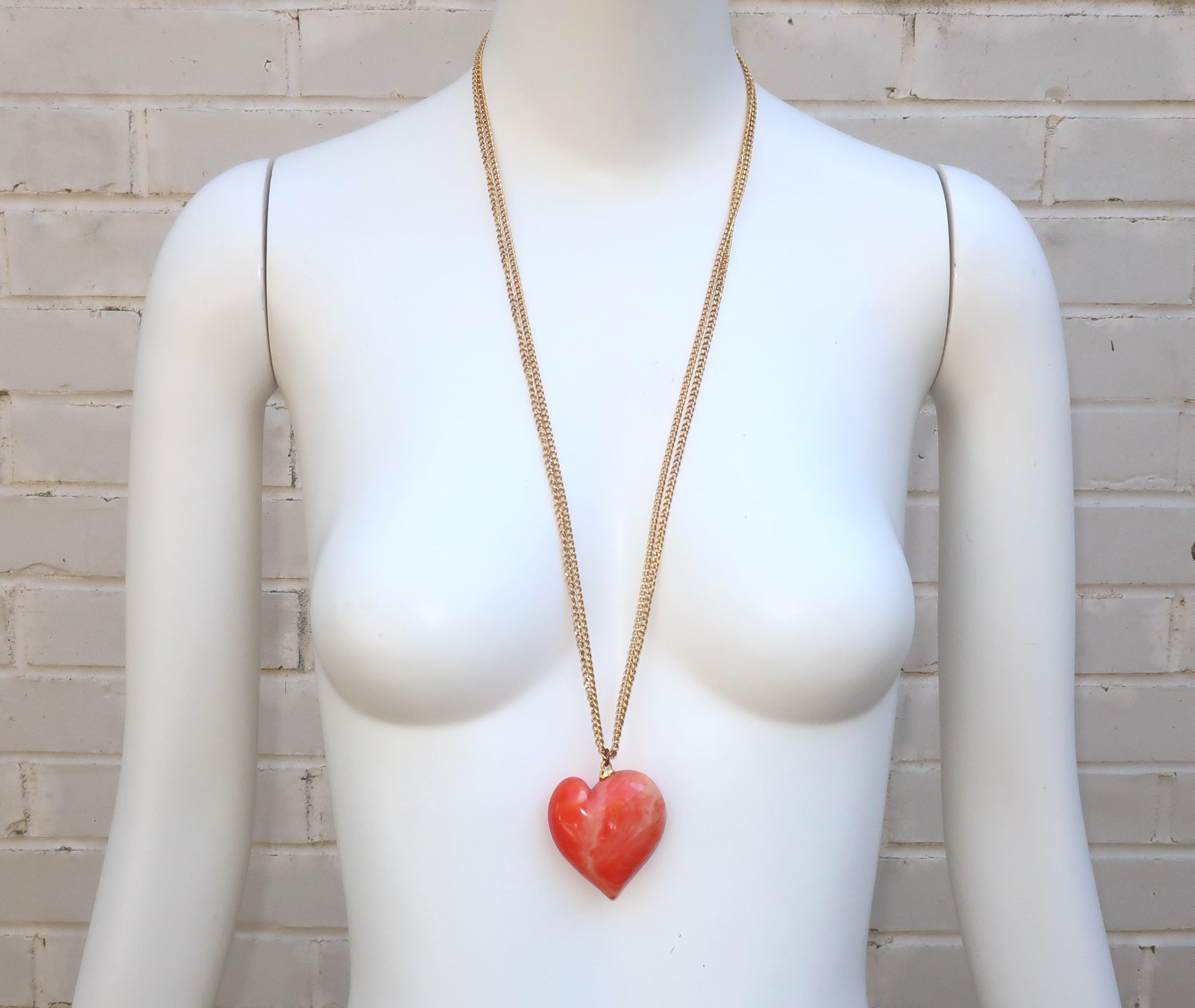 Modern Kenneth Jay Lane Faux Coral Lucite Heart Necklace, 1980's