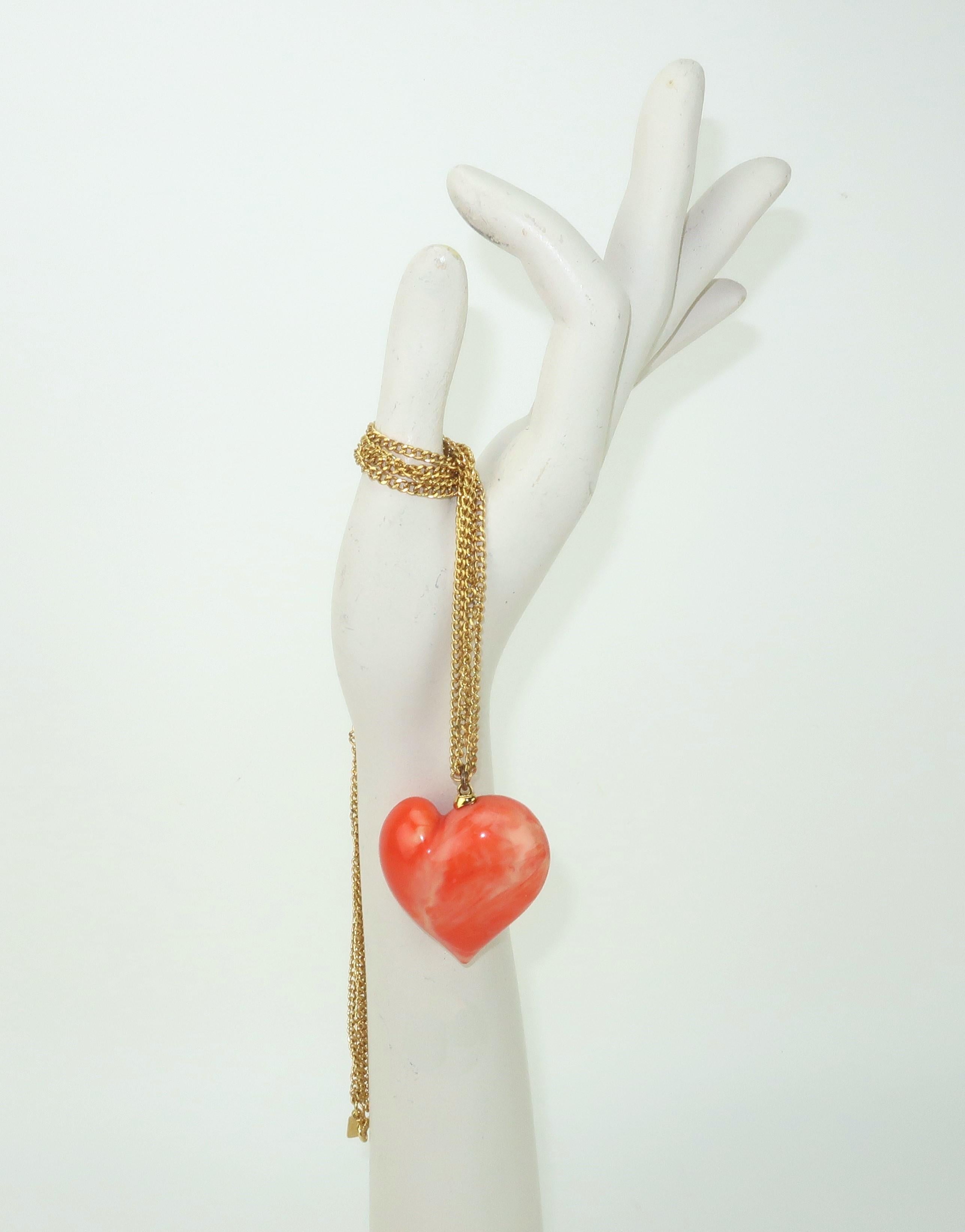 Kenneth Jay Lane Faux Coral Lucite Heart Necklace, 1980's For Sale 2