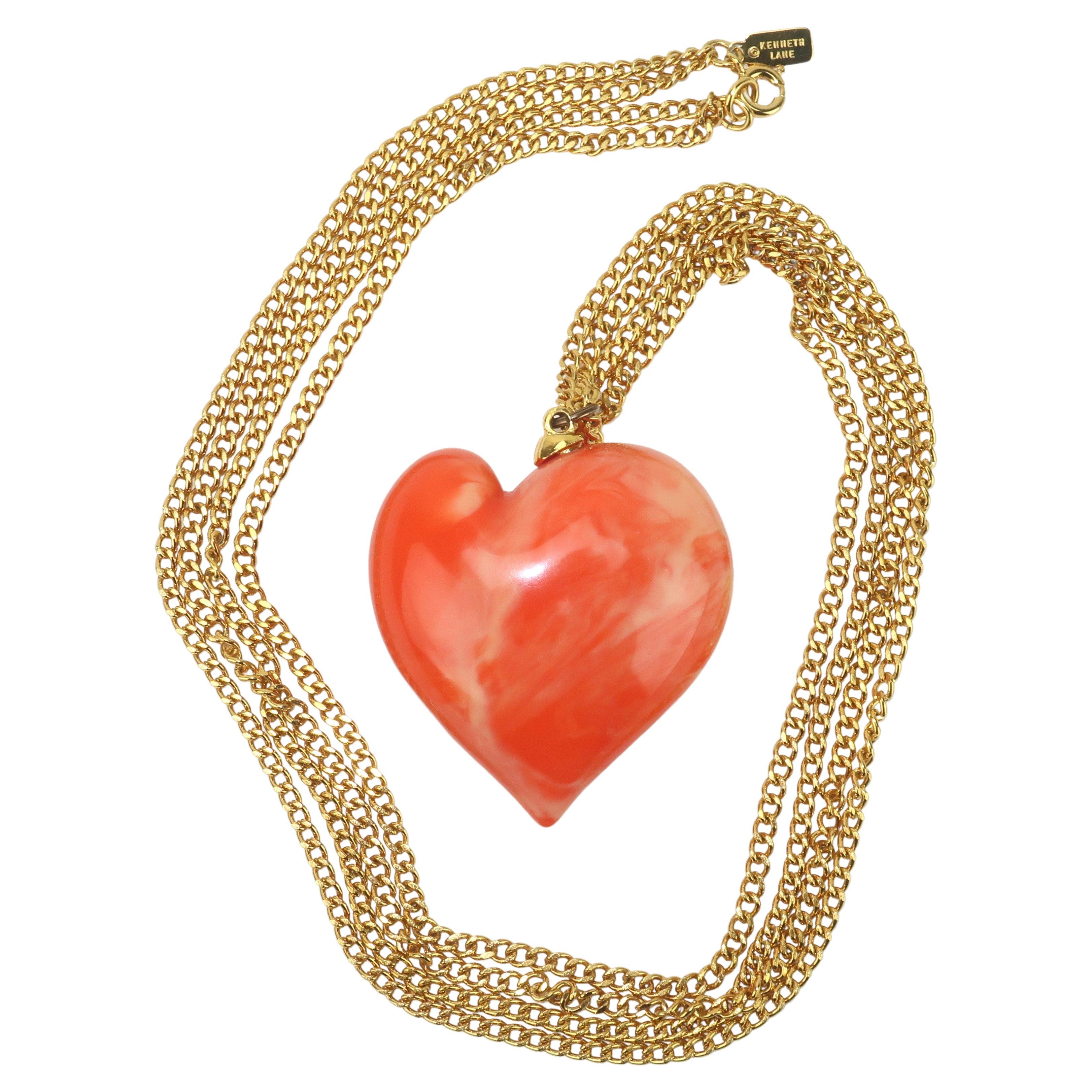 Kenneth Jay Lane Faux Coral Lucite Heart Necklace, 1980's For Sale