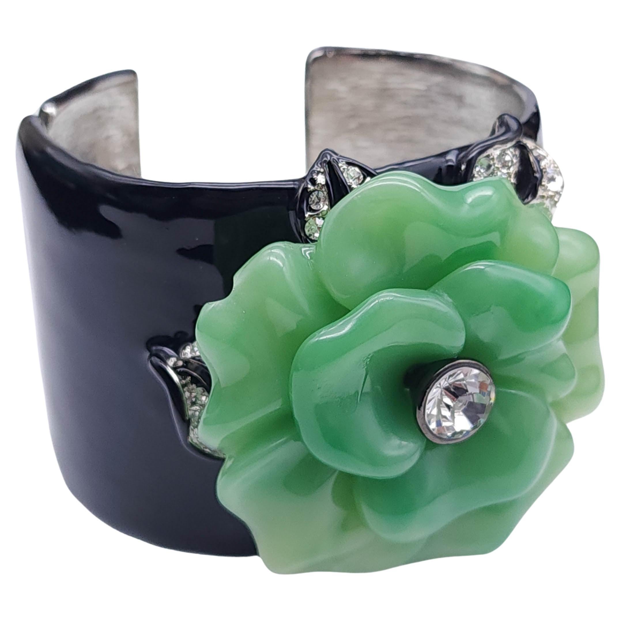 Kenneth Jay Lane Faux Jade Flower Cuff Bracelet, Crystals and Black Enamel, 2" For Sale
