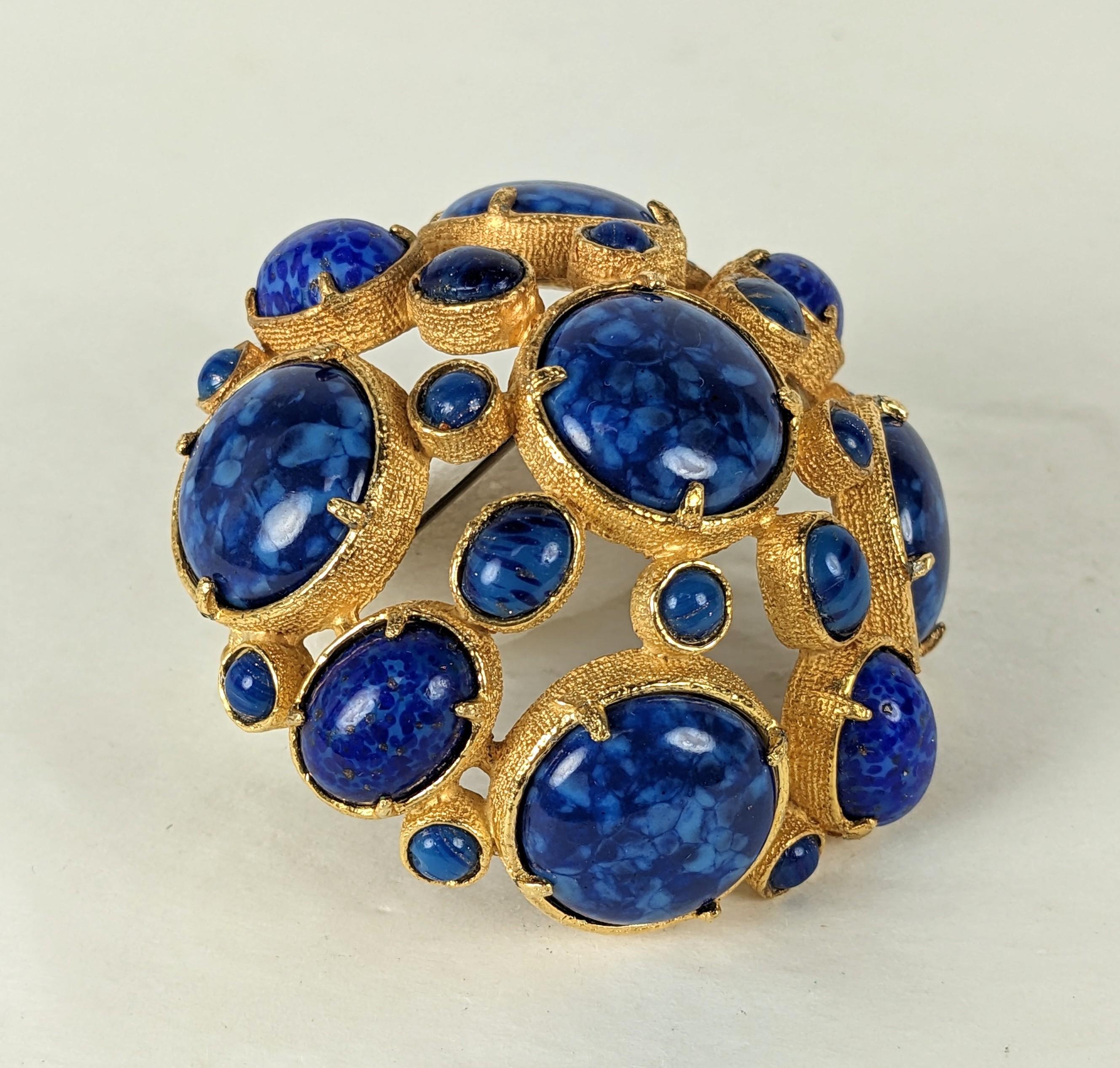 Attractive Kenneth Jay lane Faux Lapis Domed Crest Brooch. Faux lapis cabs are open set into textured matte gold metal , 1960's USA. Signed. 2.4
