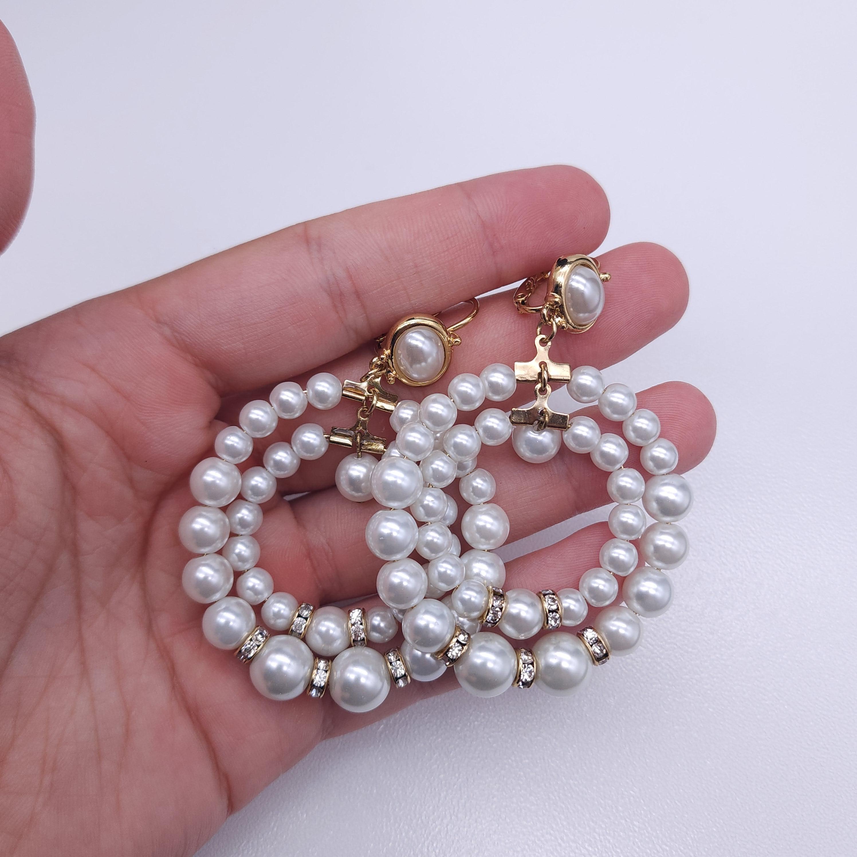 Round Cut Kenneth Jay Lane Faux Pearl Double Hoop Earrings, Gold Plated with Rhinestones For Sale