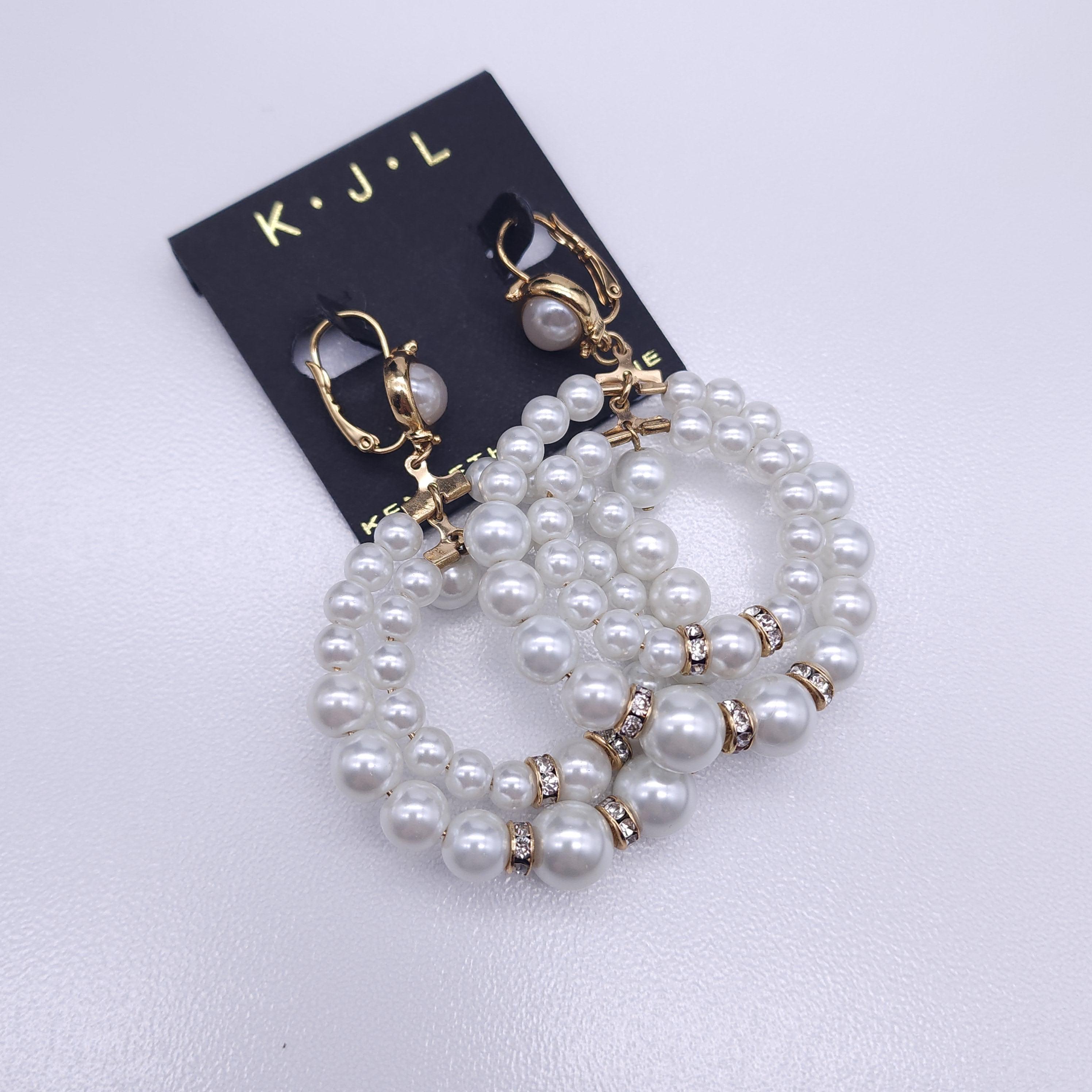 Kenneth Jay Lane Faux Pearl Double Hoop Earrings, Gold Plated with Rhinestones In New Condition For Sale In Milford, DE