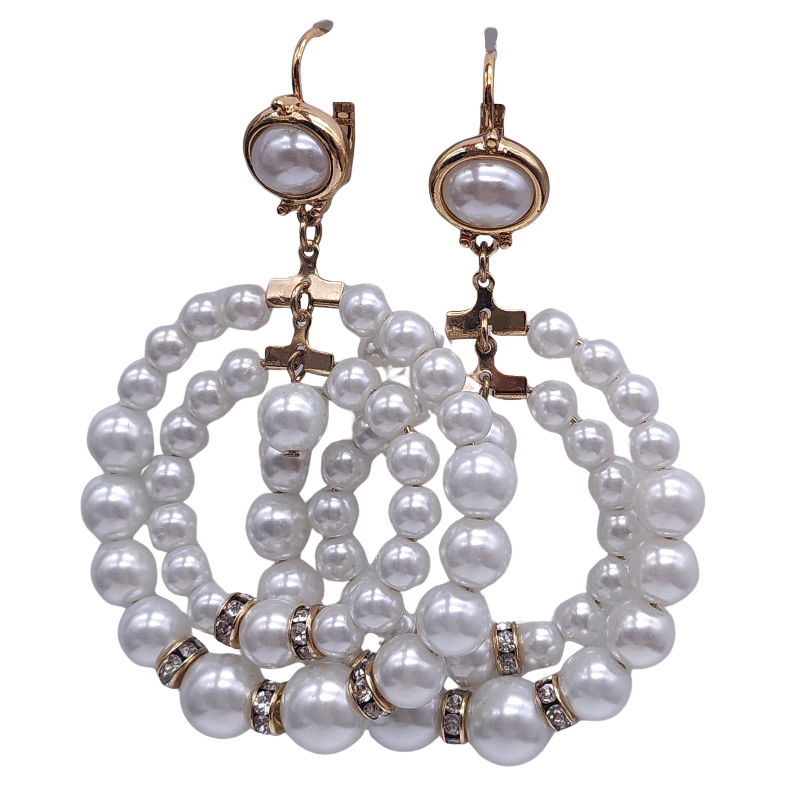 Kenneth Jay Lane Faux Pearl Double Hoop Earrings, Gold Plated with Rhinestones For Sale