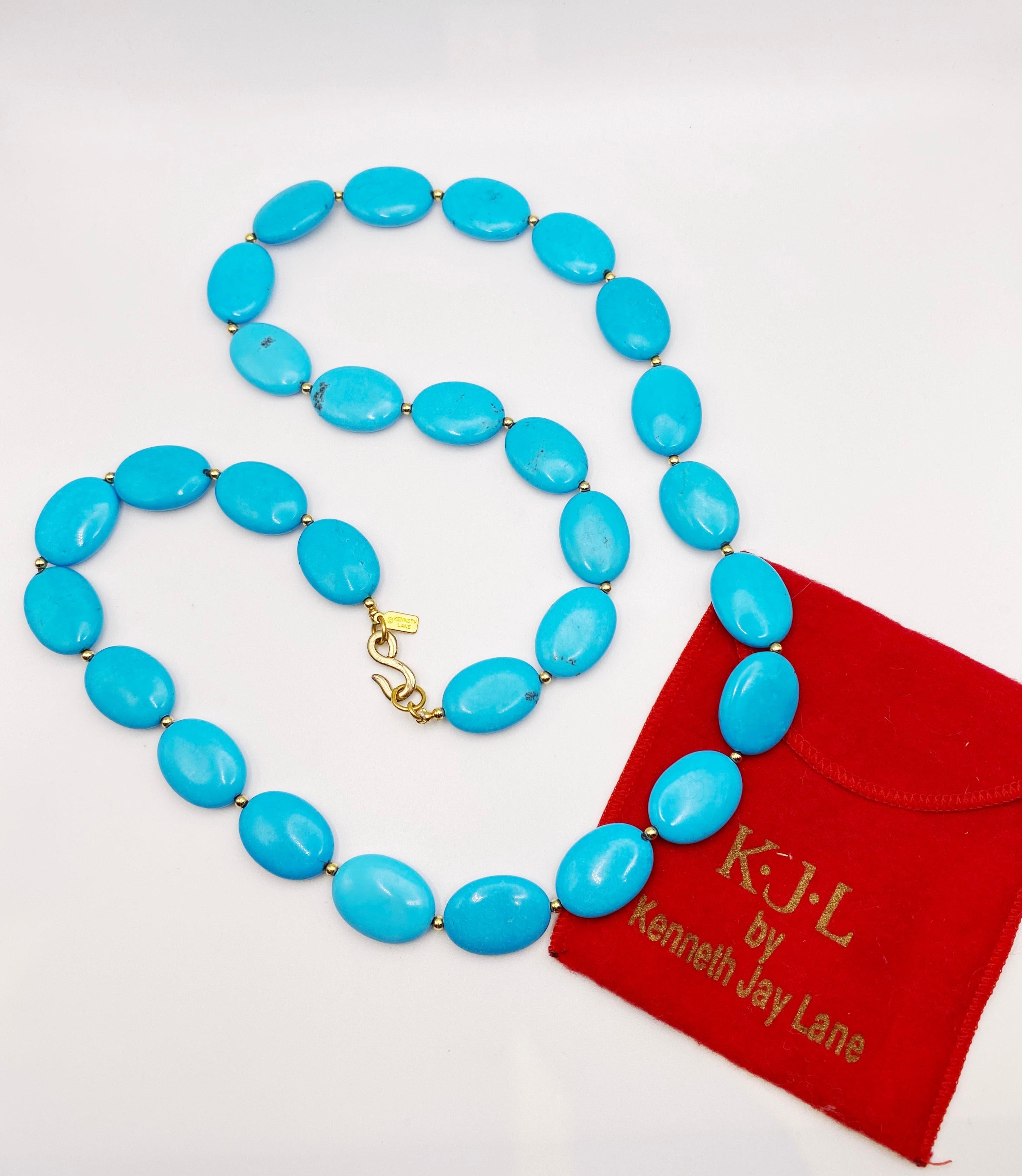 Stunning, rich, faux turquoise bead necklace by Kenneth Jay Lane.  Original pouch also included.  S clasp fitting. Circa, 1990s. Excellent condition. 