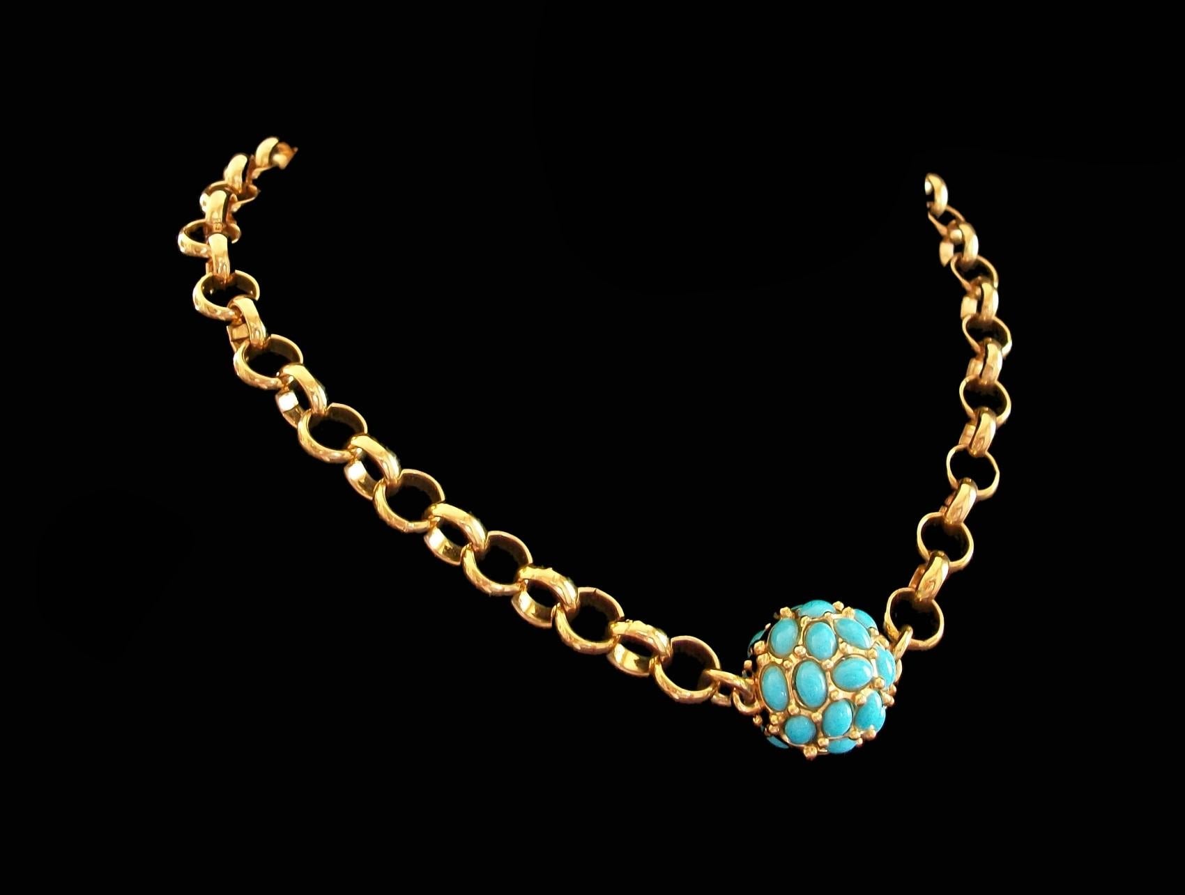 KENNETH JAY LANE - Vintage large scale gold plated round link statement necklace with pave set faux turquoise center ball - fine quality workmanship and details from an American master jewelry designer - featuring an adjustable length with a 2 1/2