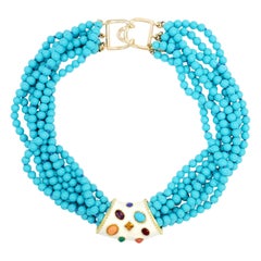Kenneth Jay Lane Gemstone Pendant Turquoise Bead Multi Strand Necklace