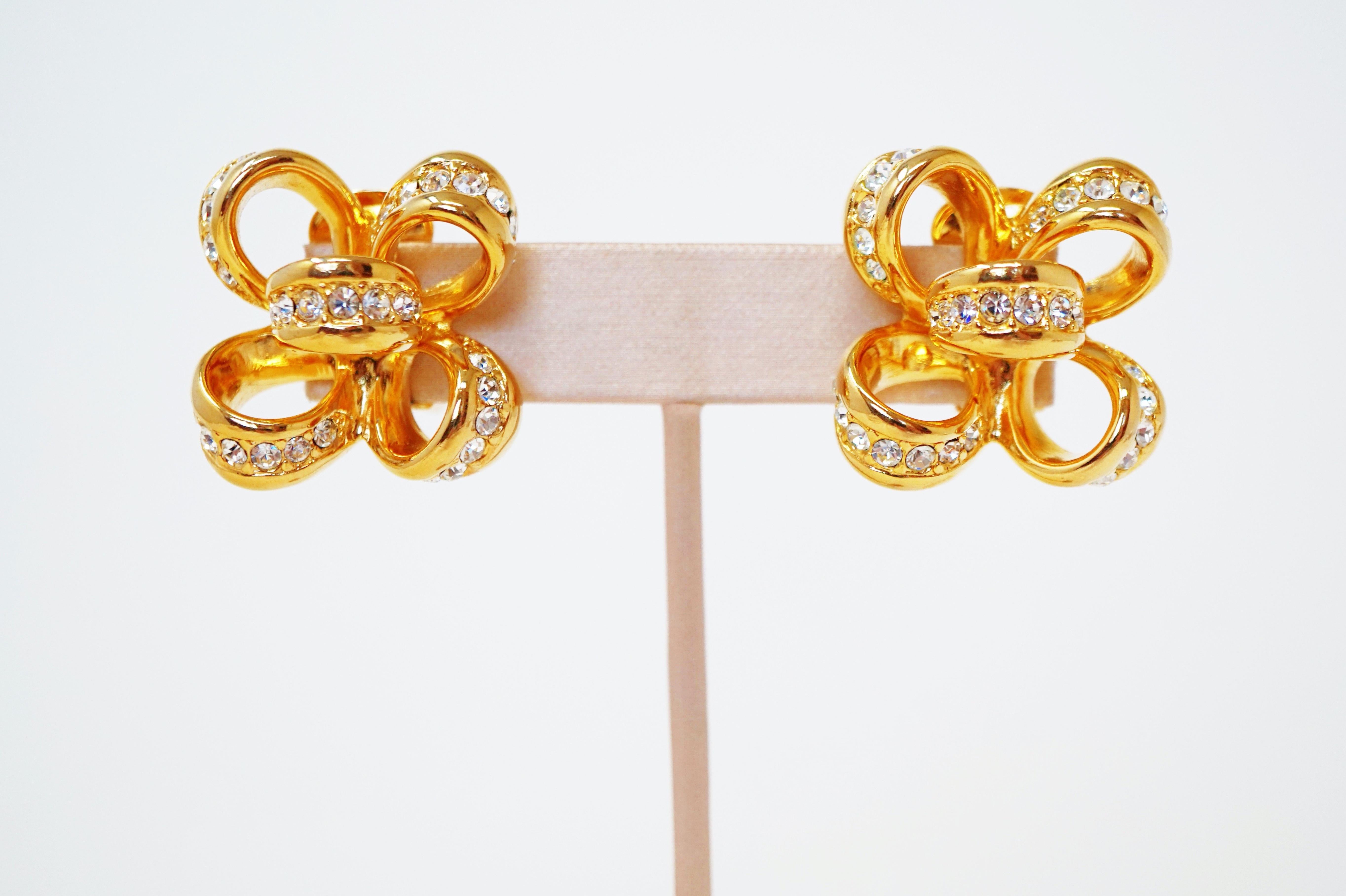 Kenneth Jay Lane Gilded Bow Earrings with Swarovski Crystals, Signed In Good Condition For Sale In McKinney, TX