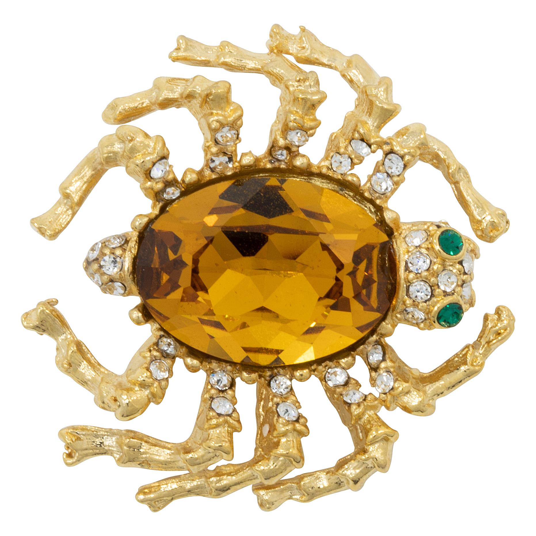 Kenneth Jay Lane Gold Amber Spider Pin Brooch, Accented with Crystals, KJL