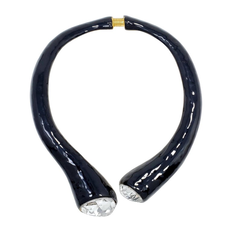 Kenneth Jay Lane Gold and Crystal Hinge Collar Necklace in Black Enamel, KJL For Sale