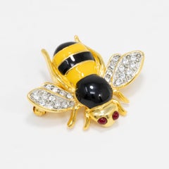 Kenneth Jay Lane Gold Bee Pin Brooch, Black & Yellow Enamel, Crystals, KJL