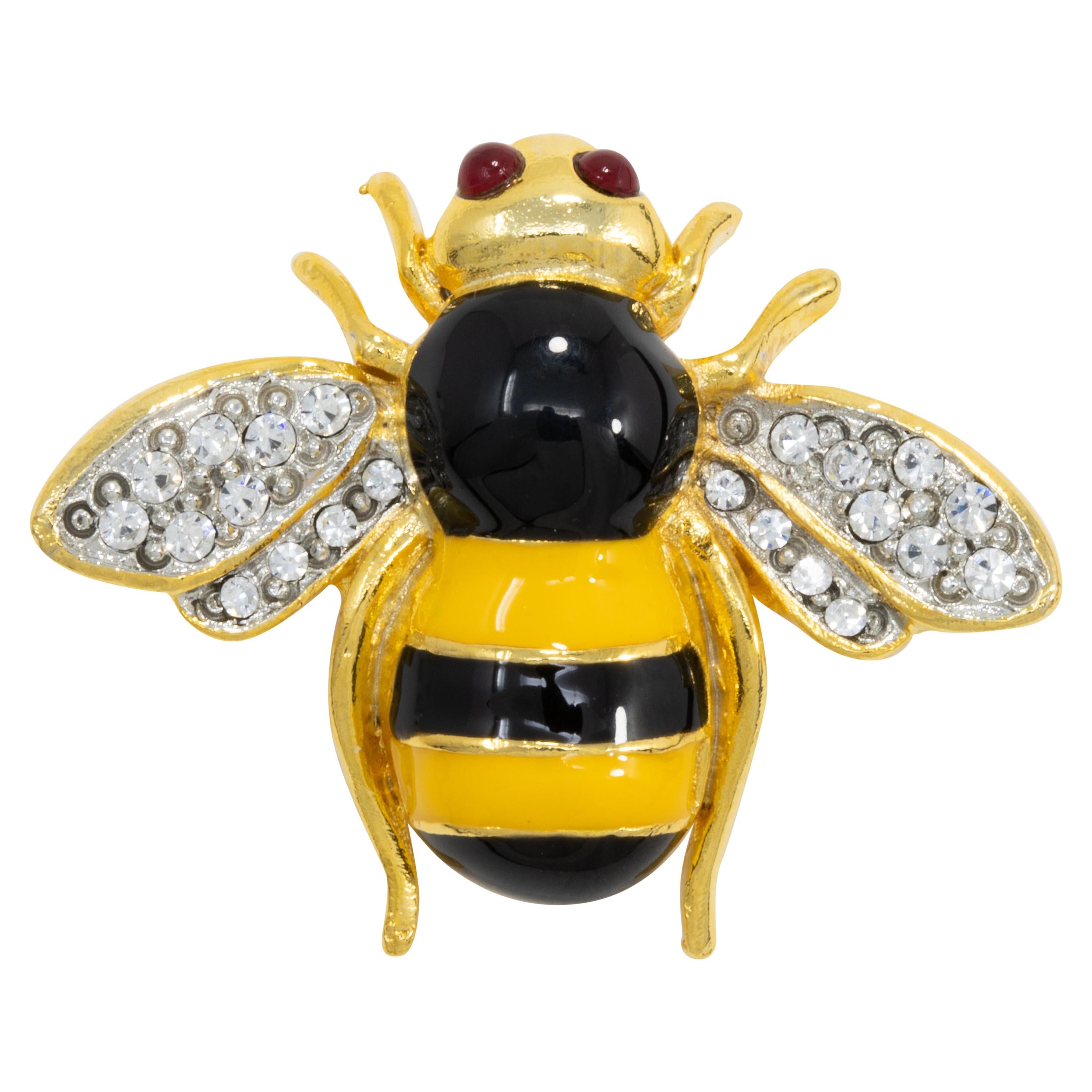 Kenneth Jay Lane Gold Bee Pin Brooch, Black & Yellow Enamel, Crystals, KJL