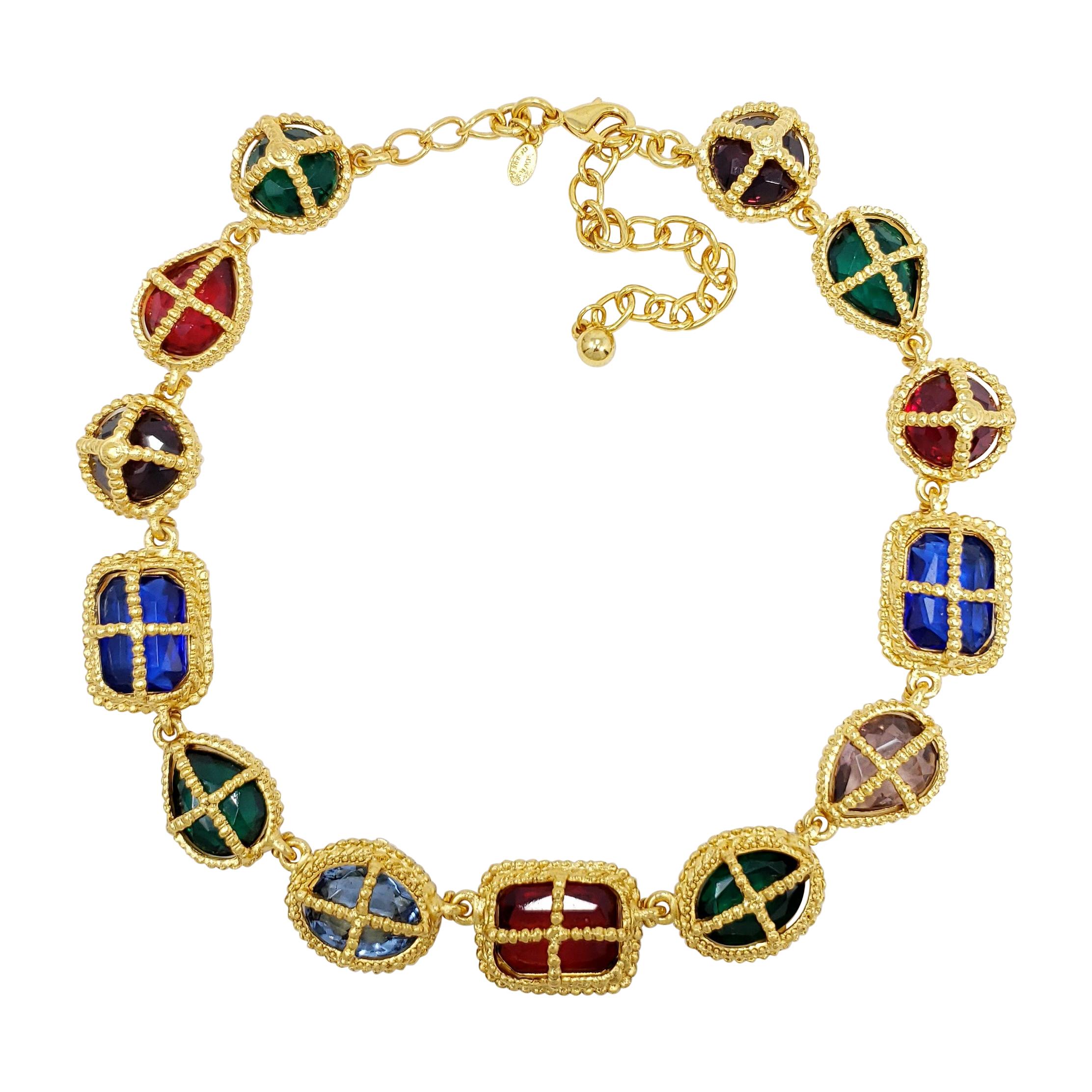Kenneth Jay Lane Gold Big Jewel Link Collar Necklace, Contemporary, KJL