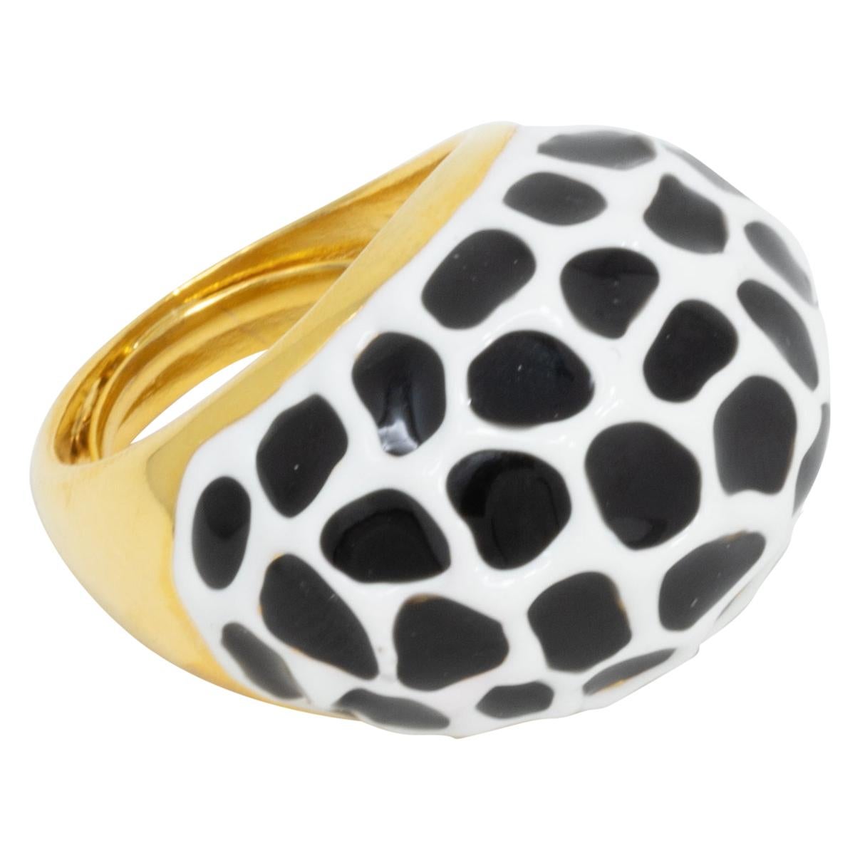 Kenneth Jay Lane Gold Black and White Enamel Dome Cocktail Ring, Contemporary