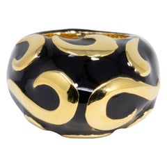 Kenneth Jay Lane Gold Black Enamel Dome Cocktail Ring, Contemporary Chunky Style