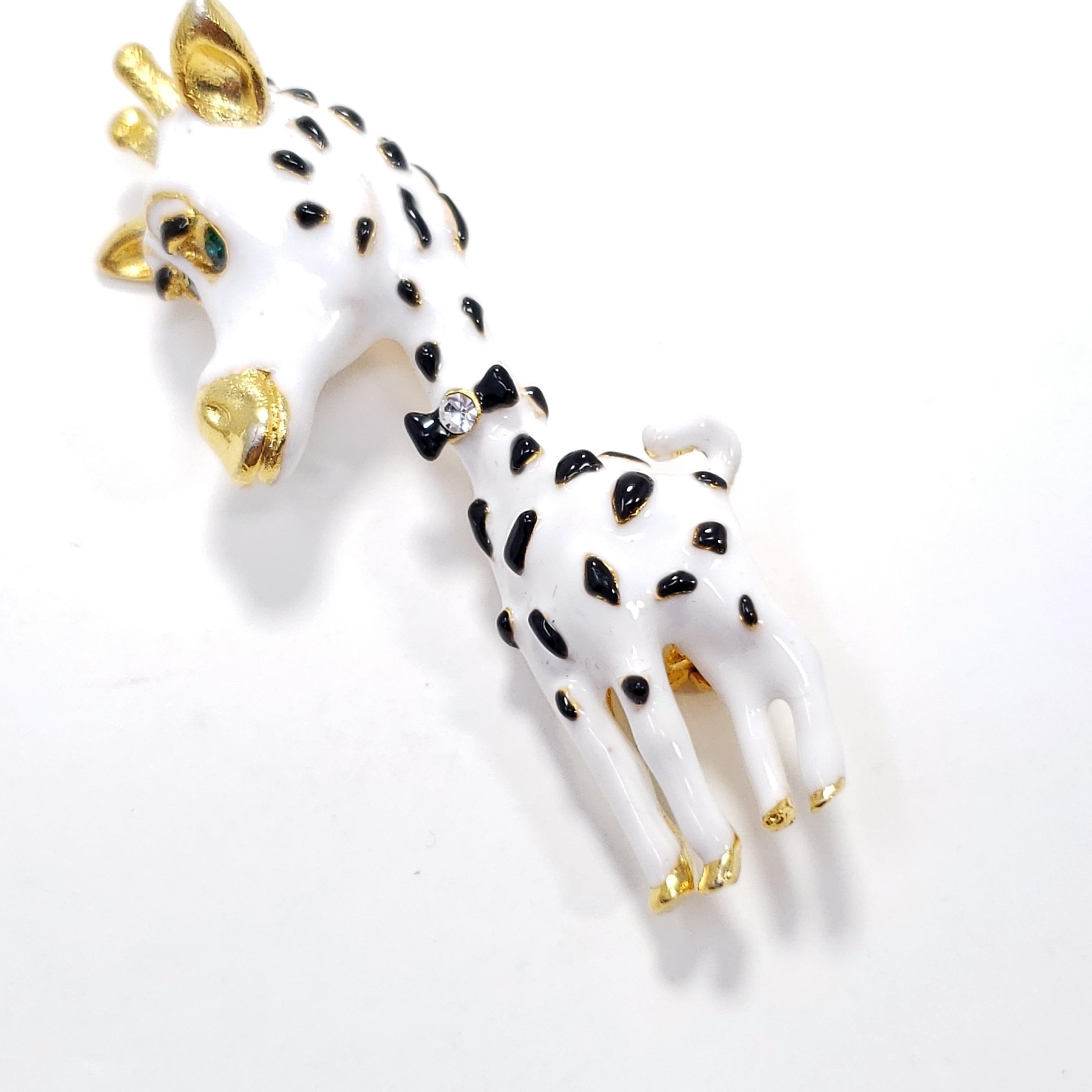 Retro Kenneth Jay Lane Gold Bowtie Giraffe Pin Brooch, White and Black Enamel, KJL