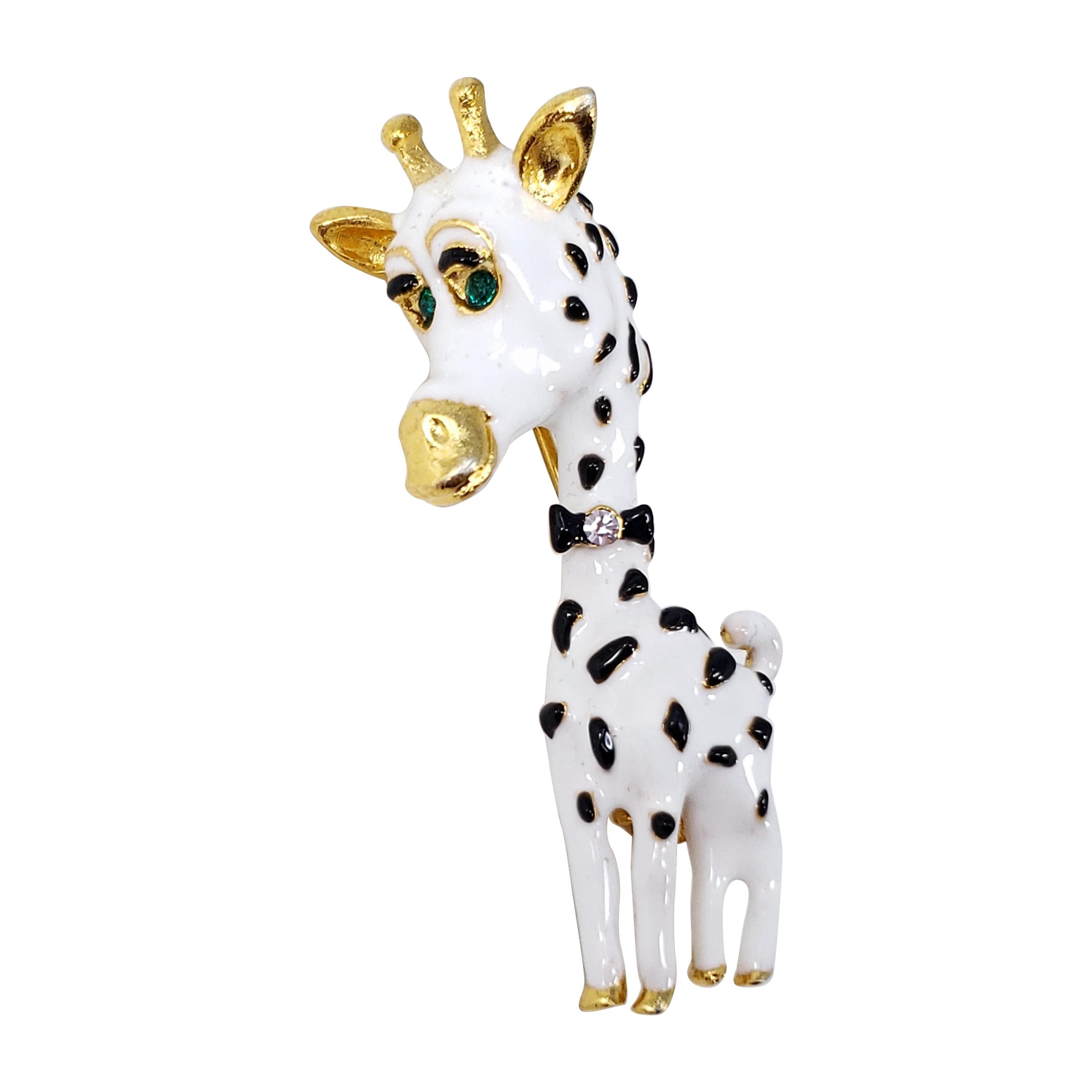 Kenneth Jay Lane Gold Bowtie Giraffe Pin Brooch, White and Black Enamel, KJL