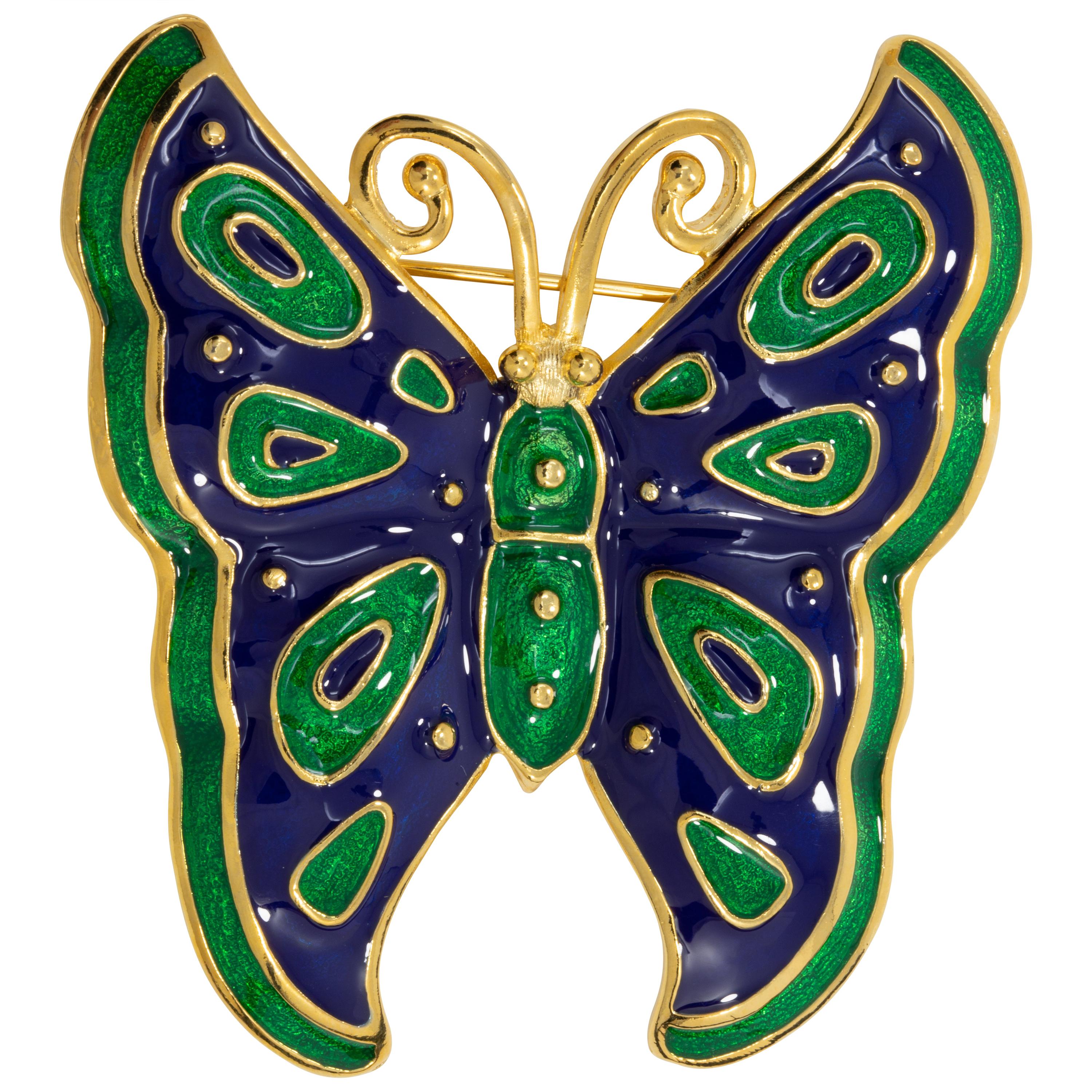 Kenneth Jay Lane Gold Butterfly Pin Brooch, Green and Blue Enamel For Sale