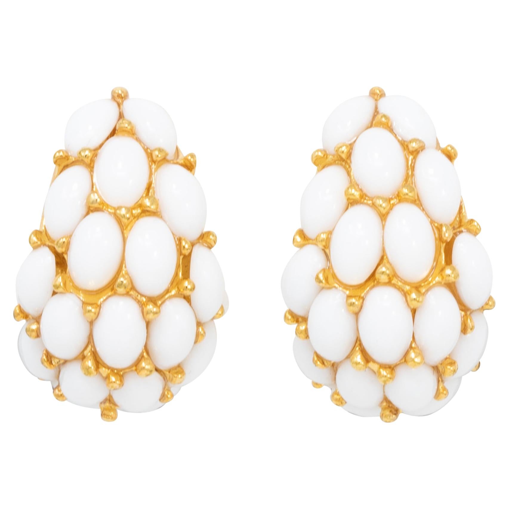 Kenneth Jay Lane Gold Domed White Cabochon Clip On Earrings, Contemporary