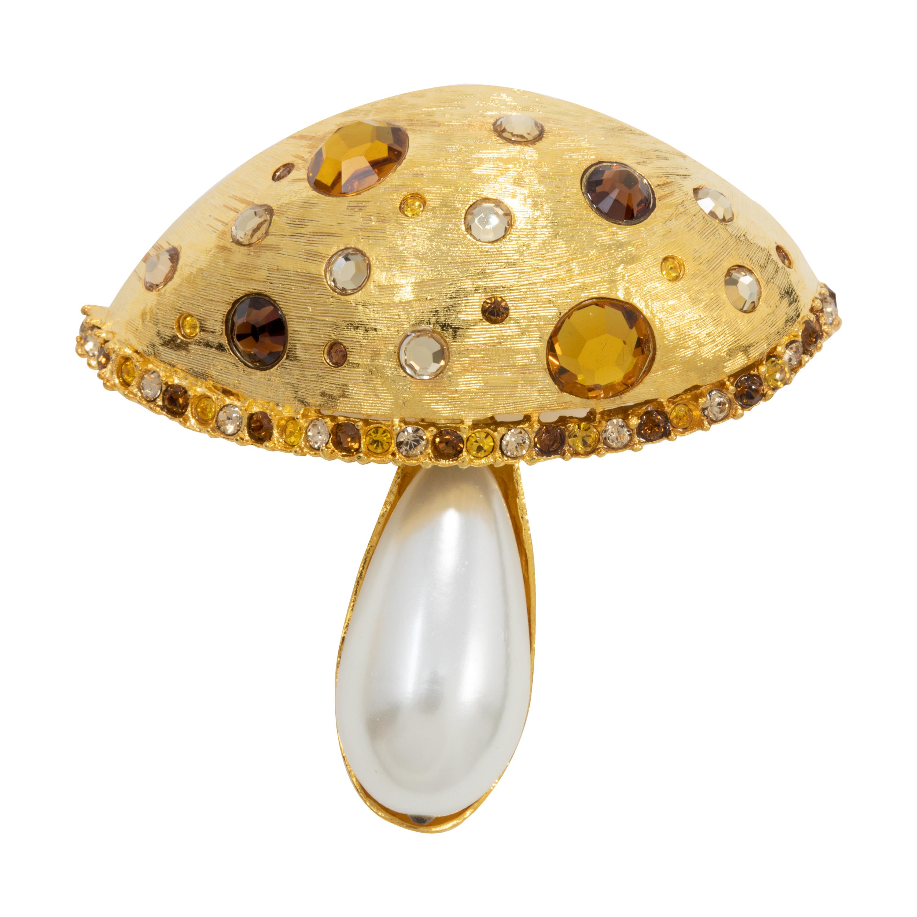 Kenneth Jay Lane Gold Enchanted Mushroom Pin Brooch, Crystals and Faux Pearl For Sale