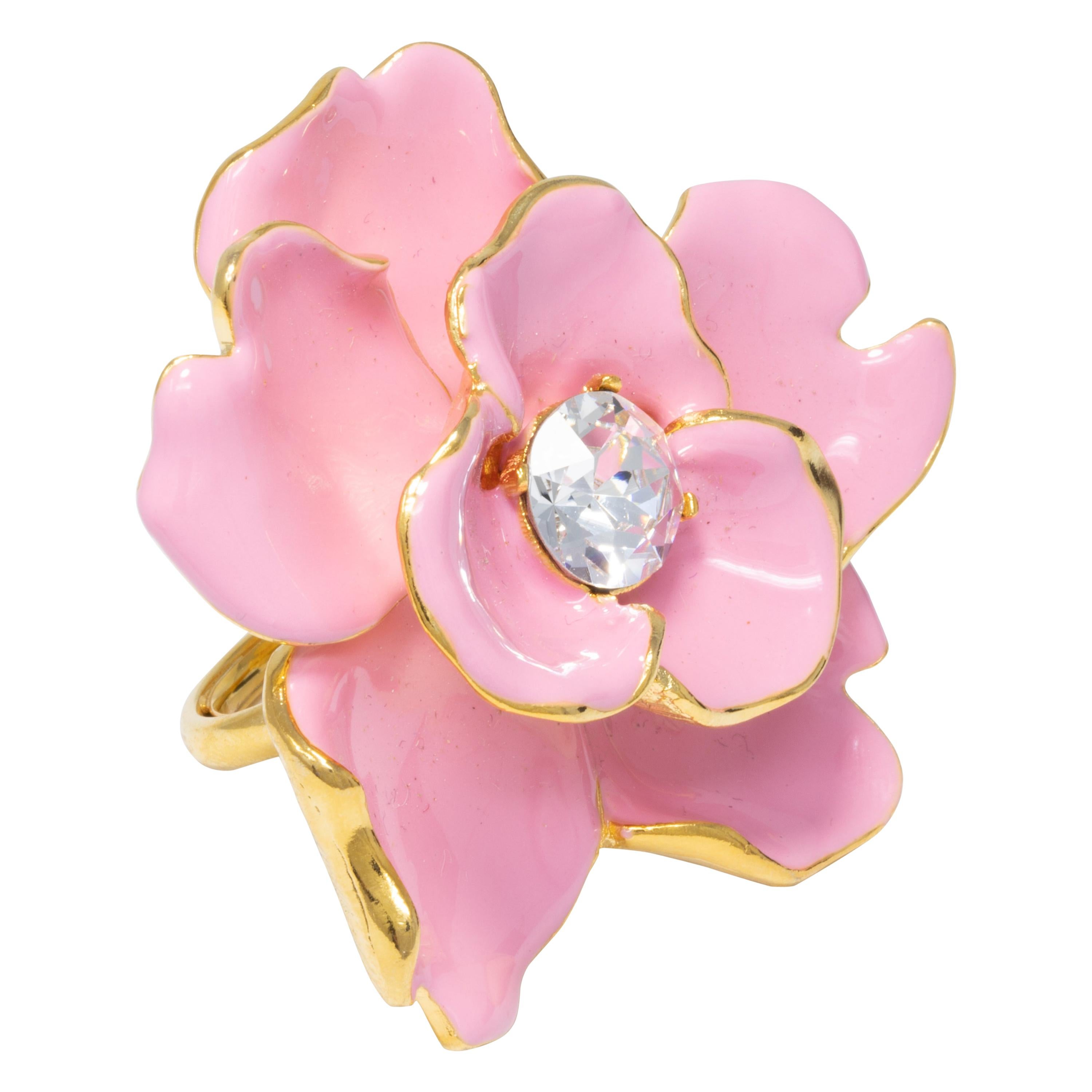 Kenneth Jay Lane Gold Flower Crystal Cocktail Ring, Hot Pink Enamel, KJL