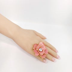Kenneth Jay Lane Gold Flower Crystal Cocktail Ring, Salmon Coral Enamel, KJL