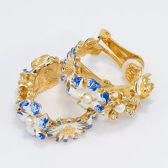 Kenneth Jay Lane Gold Flower Hoop Clip on Earrings, Enamel and Faux Pearls