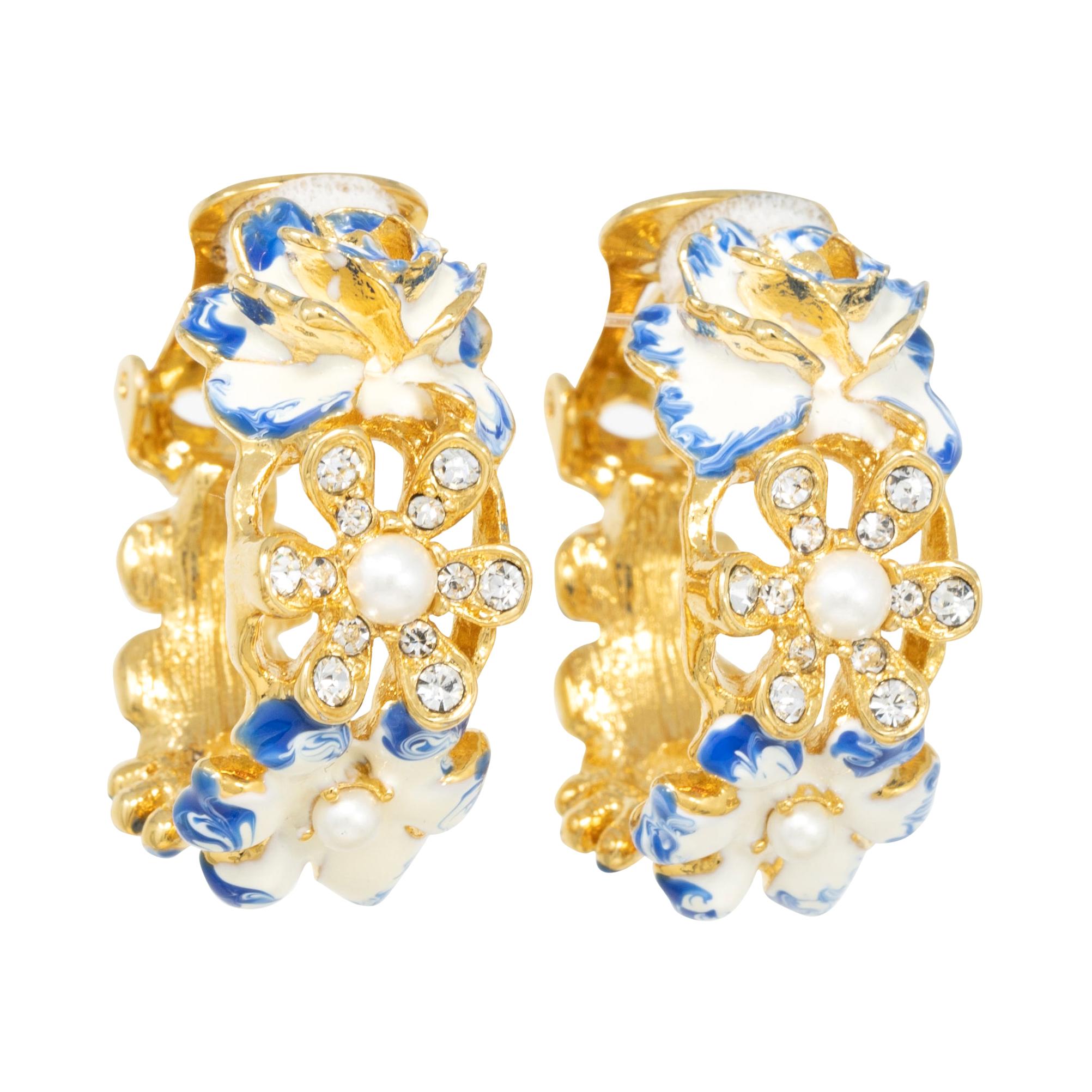 Kenneth Jay Lane Gold Flower Hoop Clip on Earrings, Enamel and Faux Pearls