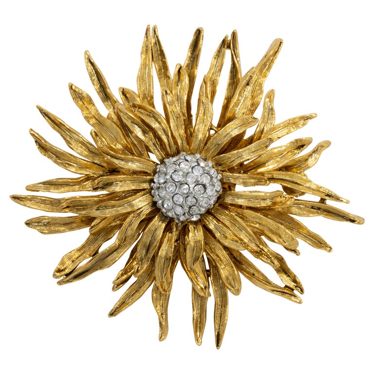 Floral Flower Pin Brooch Antique Vintage Design Brown Yellow Crystal Rhinestone