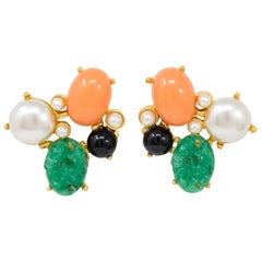 Kenneth Jay Lane Gold Jade and Pearl Cabochon Cluster Clip On Earrings