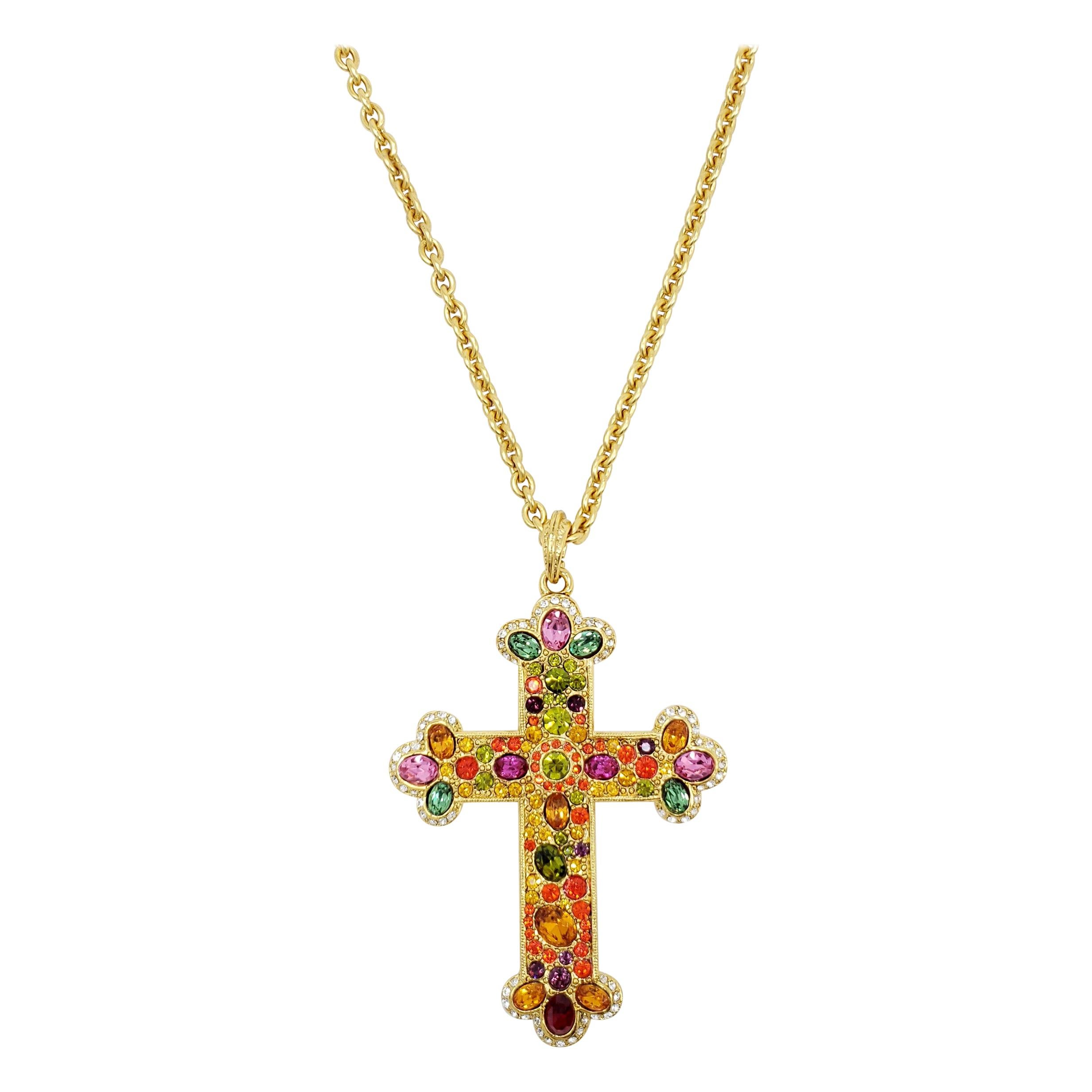 Kenneth Jay Lane Gold Jeweled Cross Pendant Long Necklace, Pave Crystals, KJL