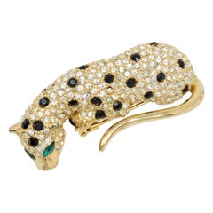 Kenneth Jay Lane Gold Jeweled Leopard Dress Clip, Emerald and Clear Crystals