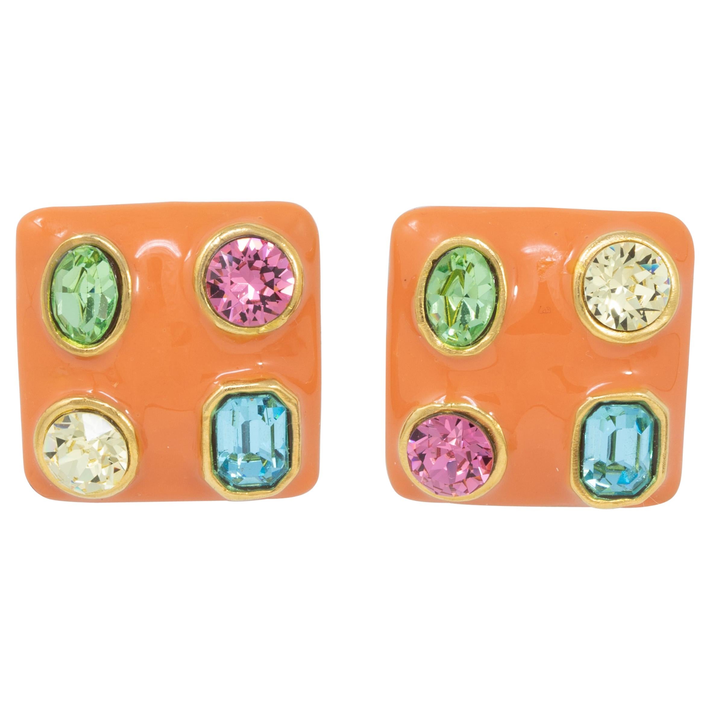 Kenneth Jay Lane Gold Jeweled Square Button Clip on Earrings, KJL, Contemporary