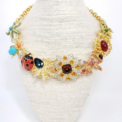 Kenneth Jay Lane Gold Kaleidoscope Collar Necklace, Enamel and Crystal Motifs