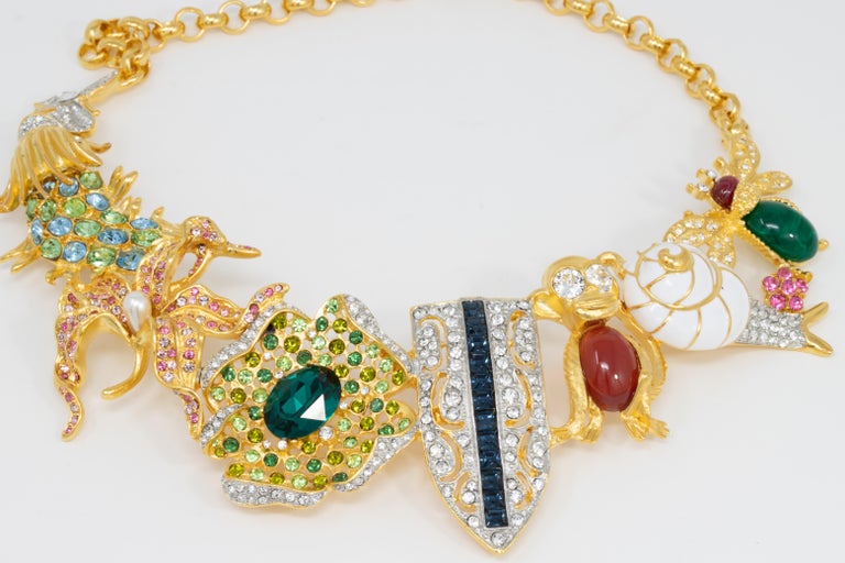 Contemporary Kenneth Jay Lane Gold Kaleidoscope Collar Necklace, Enamel and Crystal Motifs For Sale