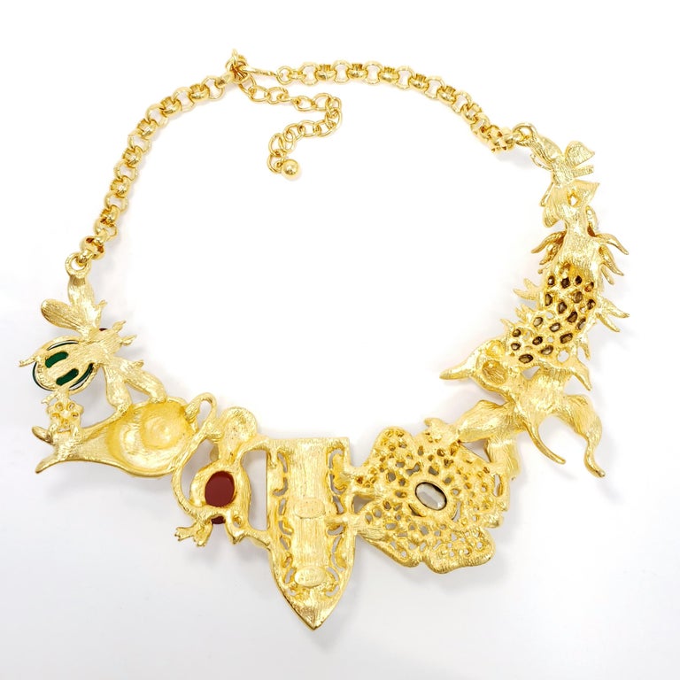 Mixed Cut Kenneth Jay Lane Gold Kaleidoscope Collar Necklace, Enamel and Crystal Motifs For Sale